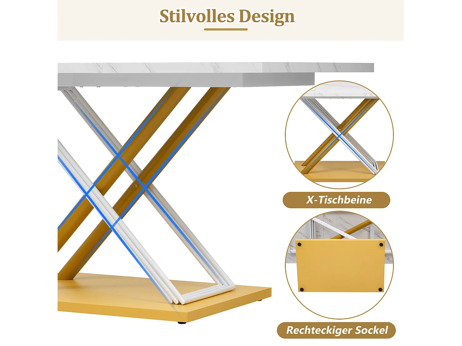 Mesa de jantar retangular para 4 a 6 pessoas - 140 x 80 x 75 cm - MDF e pés de metal dourado - Efeito mármore - Branco + dourado