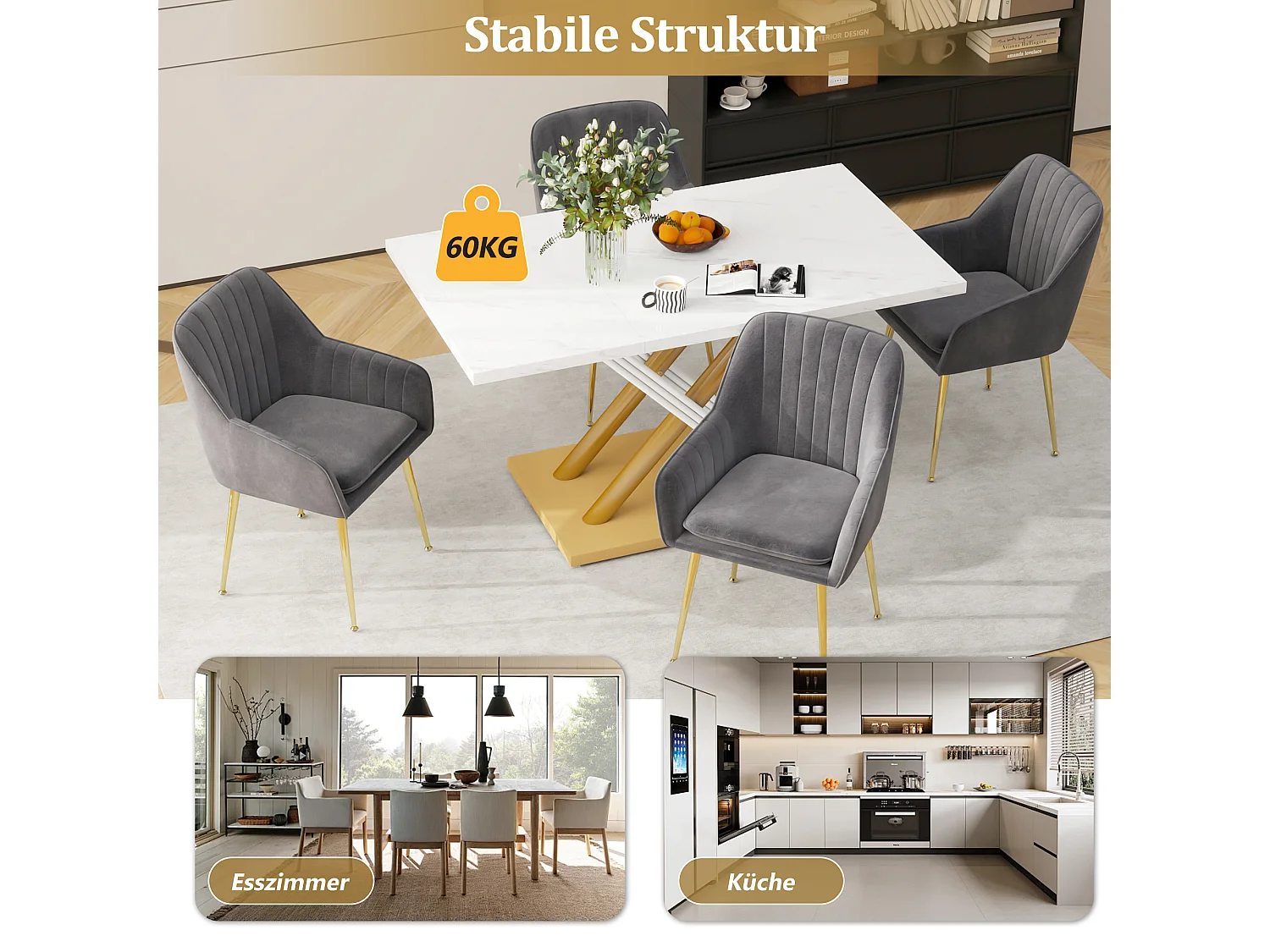 Mesa de jantar retangular para 4 a 6 pessoas - 140 x 80 x 75 cm - MDF e pés de metal dourado - Efeito mármore - Branco + dourado