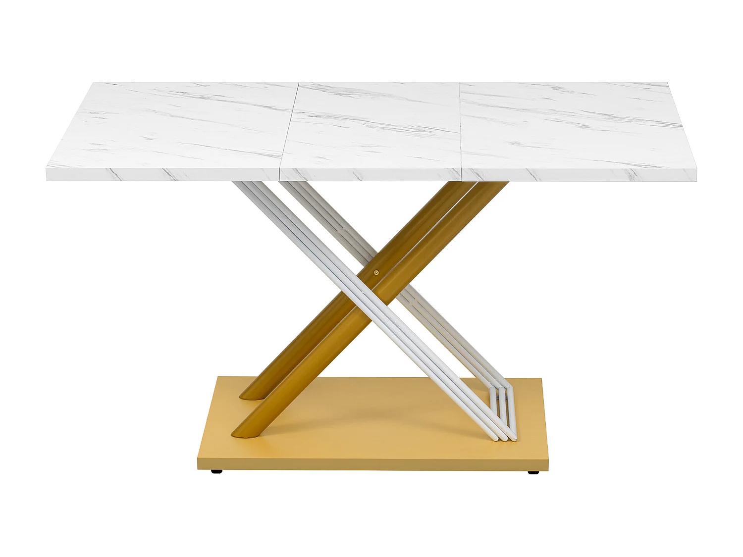 Mesa de jantar retangular para 4 a 6 pessoas - 140 x 80 x 75 cm - MDF e pés de metal dourado - Efeito mármore - Branco + dourado