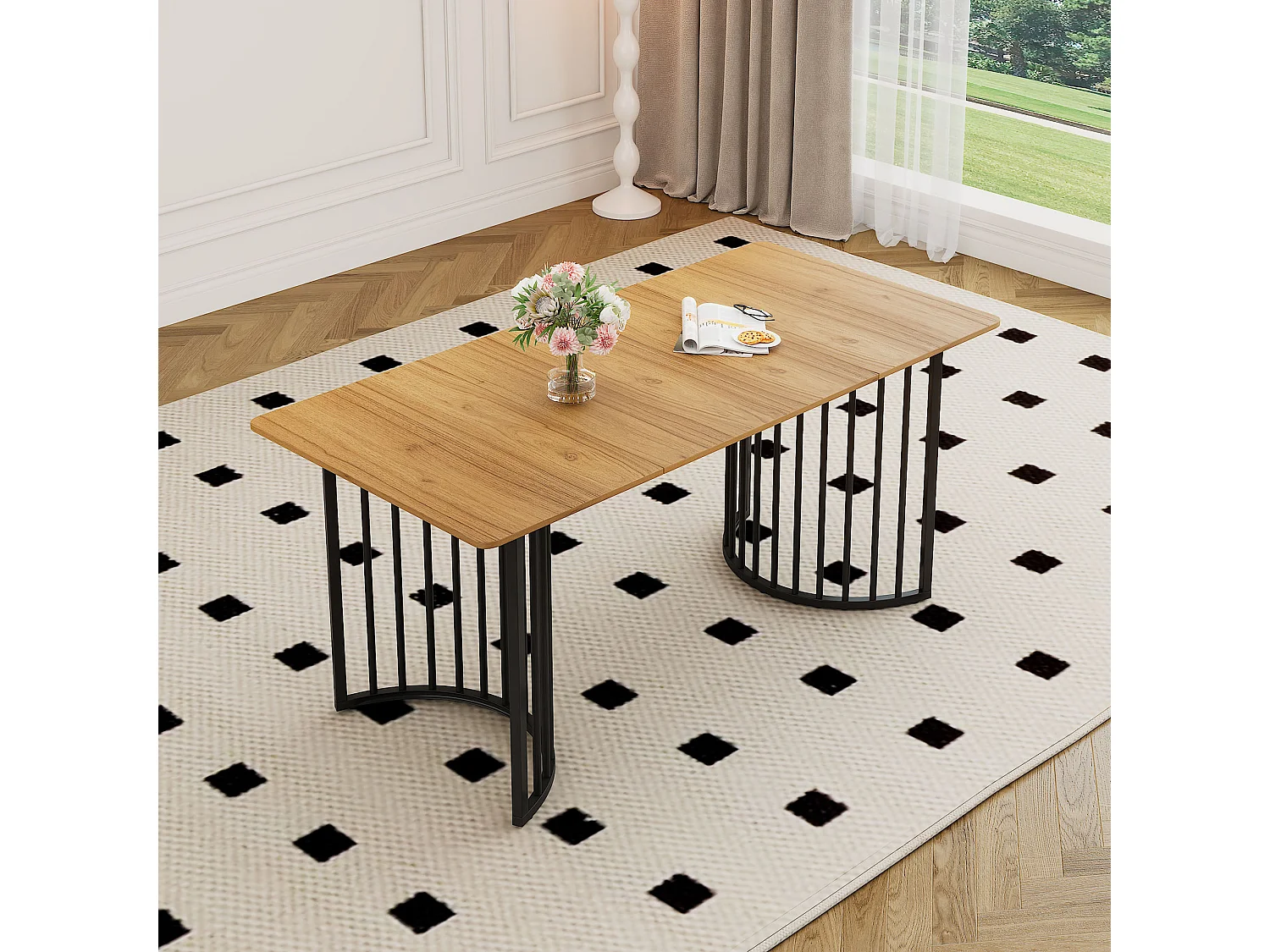 Table à manger rectangulaire 4 à 6 couverts - 140 x 80 x 75 cm - MDF et pièds en métal - pour salle à manger et cuisine - Naturel