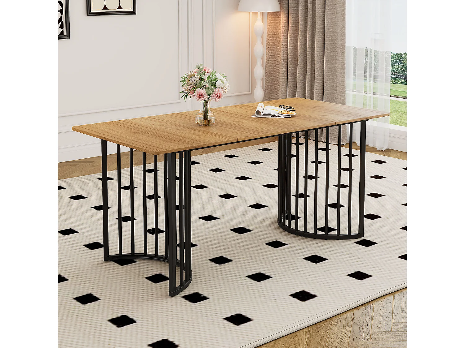 Table à manger rectangulaire 4 à 6 couverts - 140 x 80 x 75 cm - MDF et pièds en métal - pour salle à manger et cuisine - Naturel