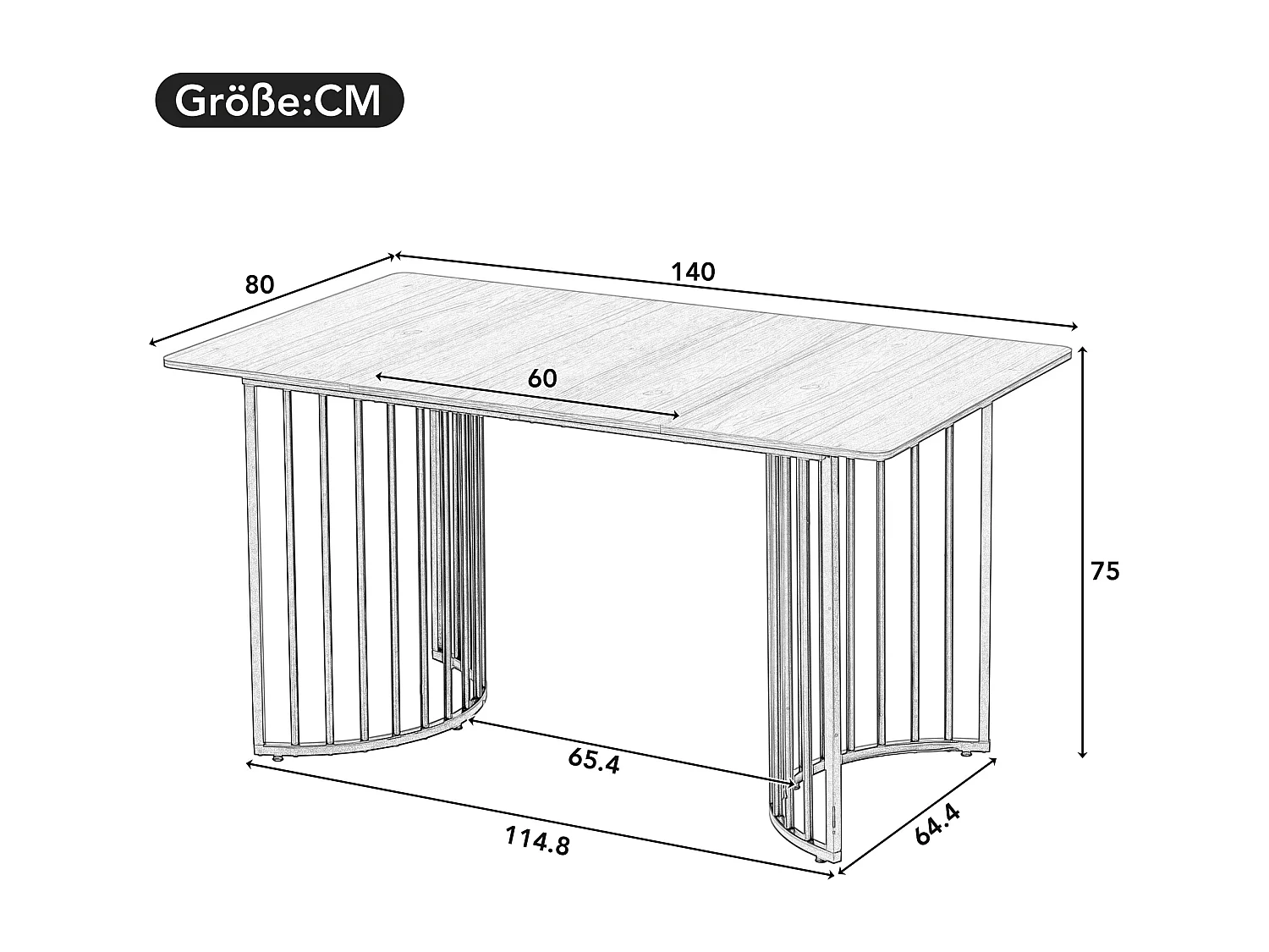 Table à manger rectangulaire 4 à 6 couverts - 140 x 80 x 75 cm - MDF et pièds en métal - pour salle à manger et cuisine - Naturel