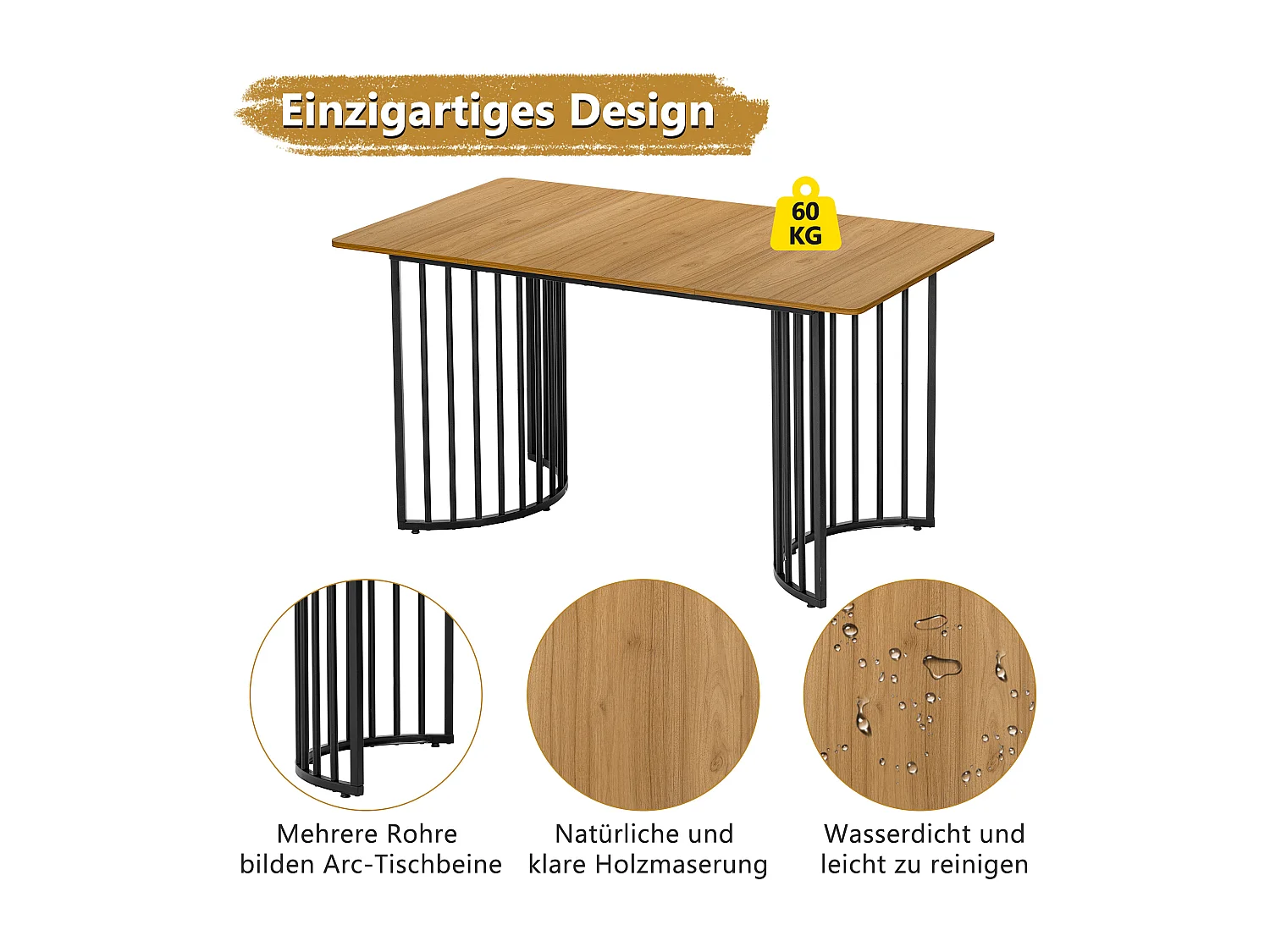 Table à manger rectangulaire 4 à 6 couverts - 140 x 80 x 75 cm - MDF et pièds en métal - pour salle à manger et cuisine - Naturel