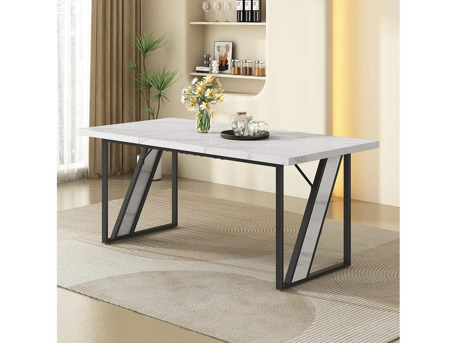 Table à manger rectangulaire 4 à 6 couverts - 160 x 80 x 75 cm - MDF et pièds en métal - Effet marbre - Blanc + noir
