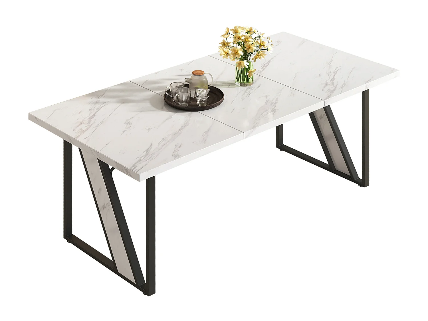 Table à manger rectangulaire 4 à 6 couverts - 160 x 80 x 75 cm - MDF et pièds en métal - Effet marbre - Blanc + noir