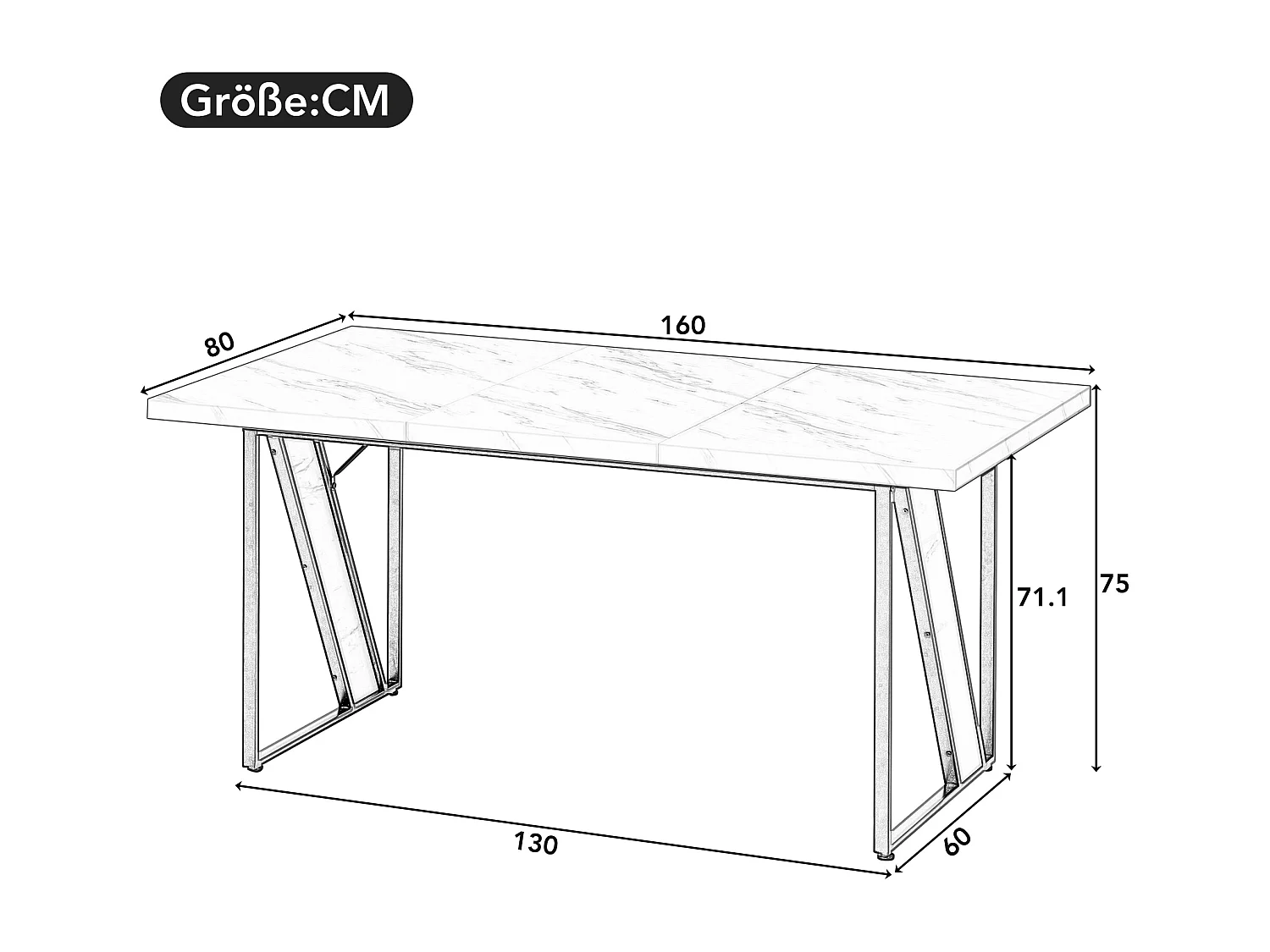 Table à manger rectangulaire 4 à 6 couverts - 160 x 80 x 75 cm - MDF et pièds en métal - Effet marbre - Blanc + noir