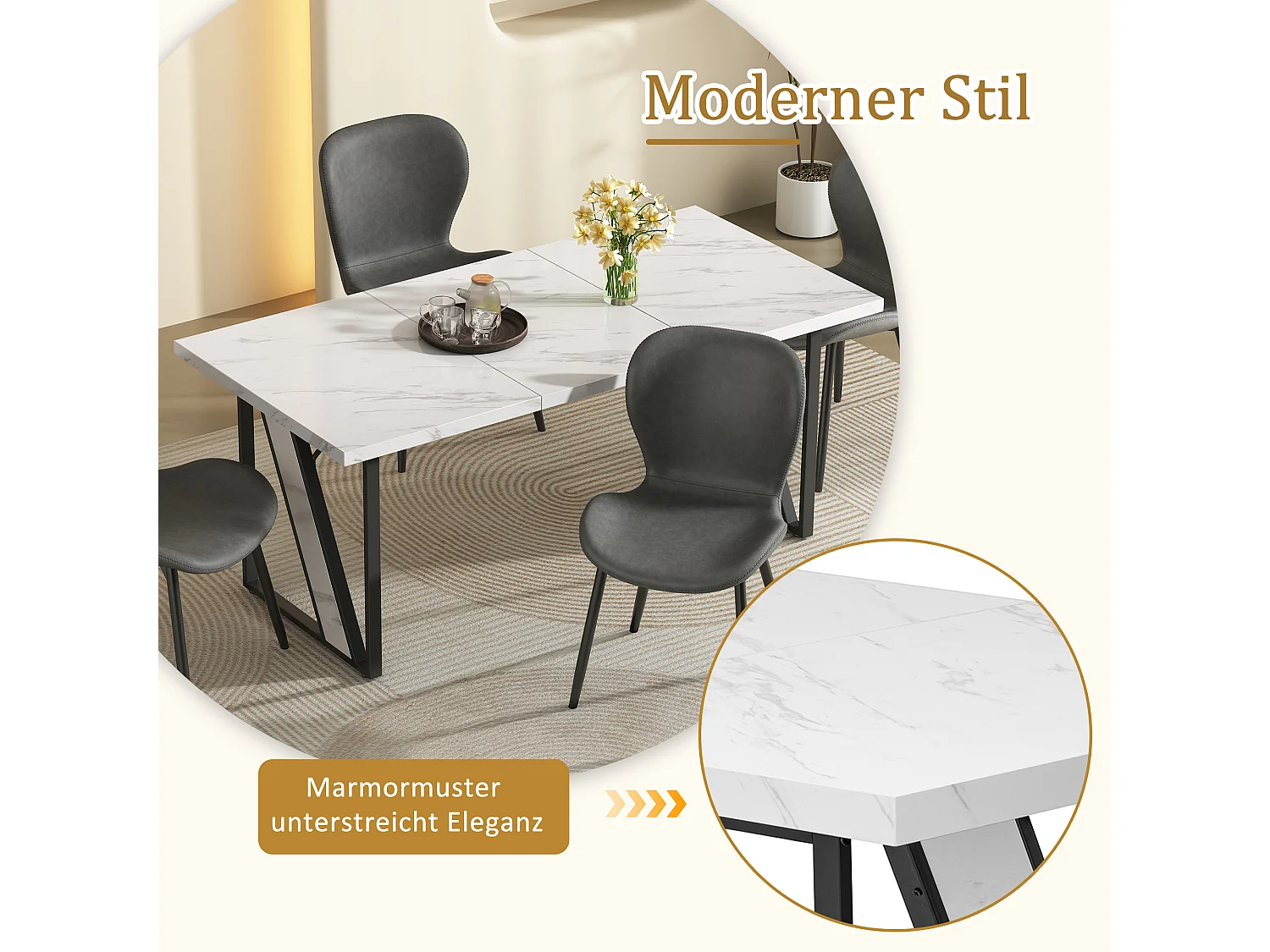 Table à manger rectangulaire 4 à 6 couverts - 160 x 80 x 75 cm - MDF et pièds en métal - Effet marbre - Blanc + noir