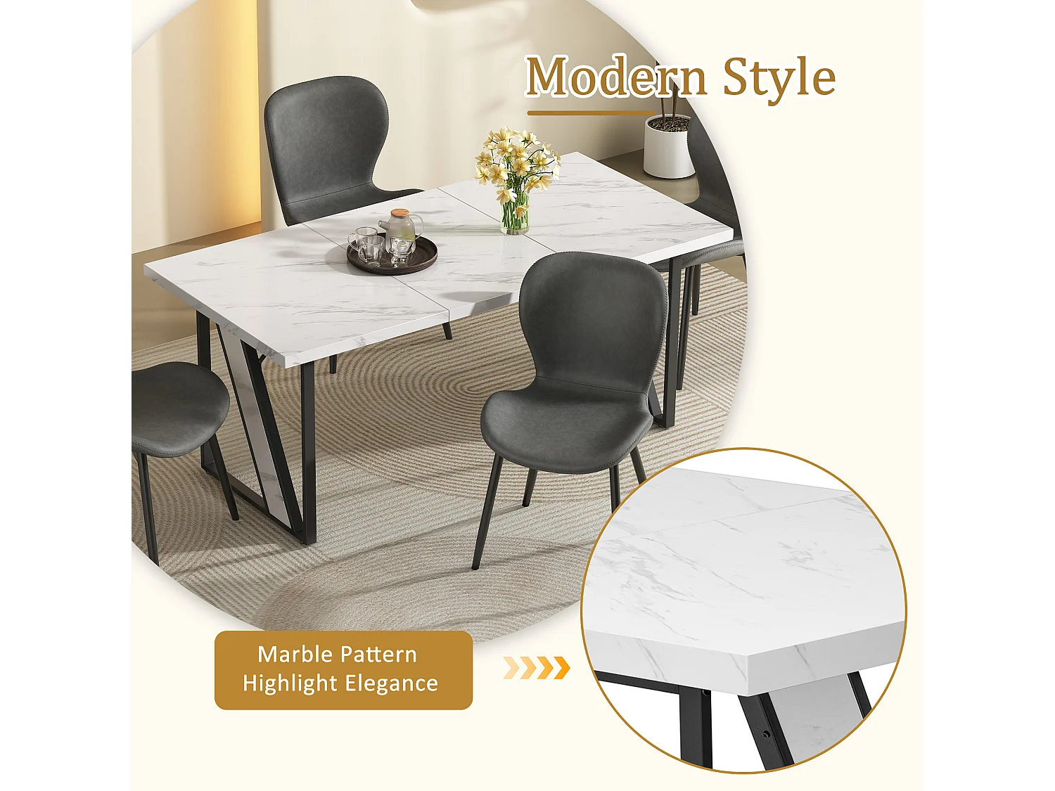 Table à manger rectangulaire 4 à 6 couverts - 160 x 80 x 75 cm - MDF et pièds en métal - Effet marbre - Blanc + noir