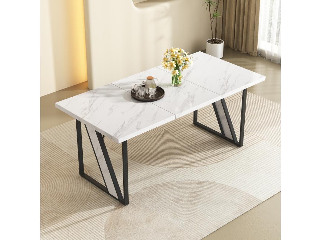 Tavolo da pranzo rettangolare per 4/6 persone - 160 x 80 x 75 cm - Gambe in MDF e metallo - Effetto marmo - Bianco + nero