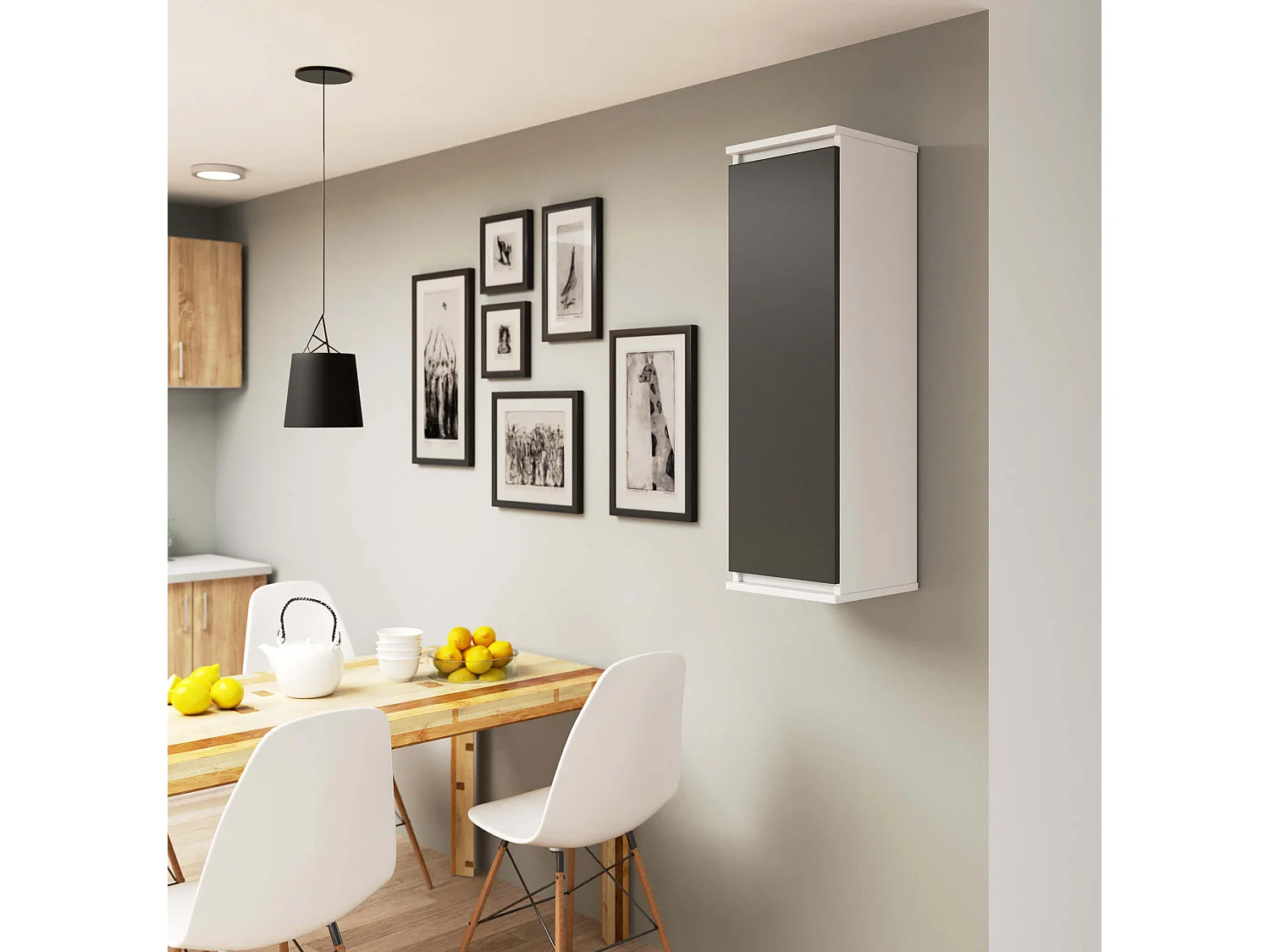 Hangende Vitrinekast W30 - Wit/Grijs Mat - 30x99x30cm - 1 Deur - 3 Planken - Zelfmontage - Modern Laminaten Meubel met ABS Randen