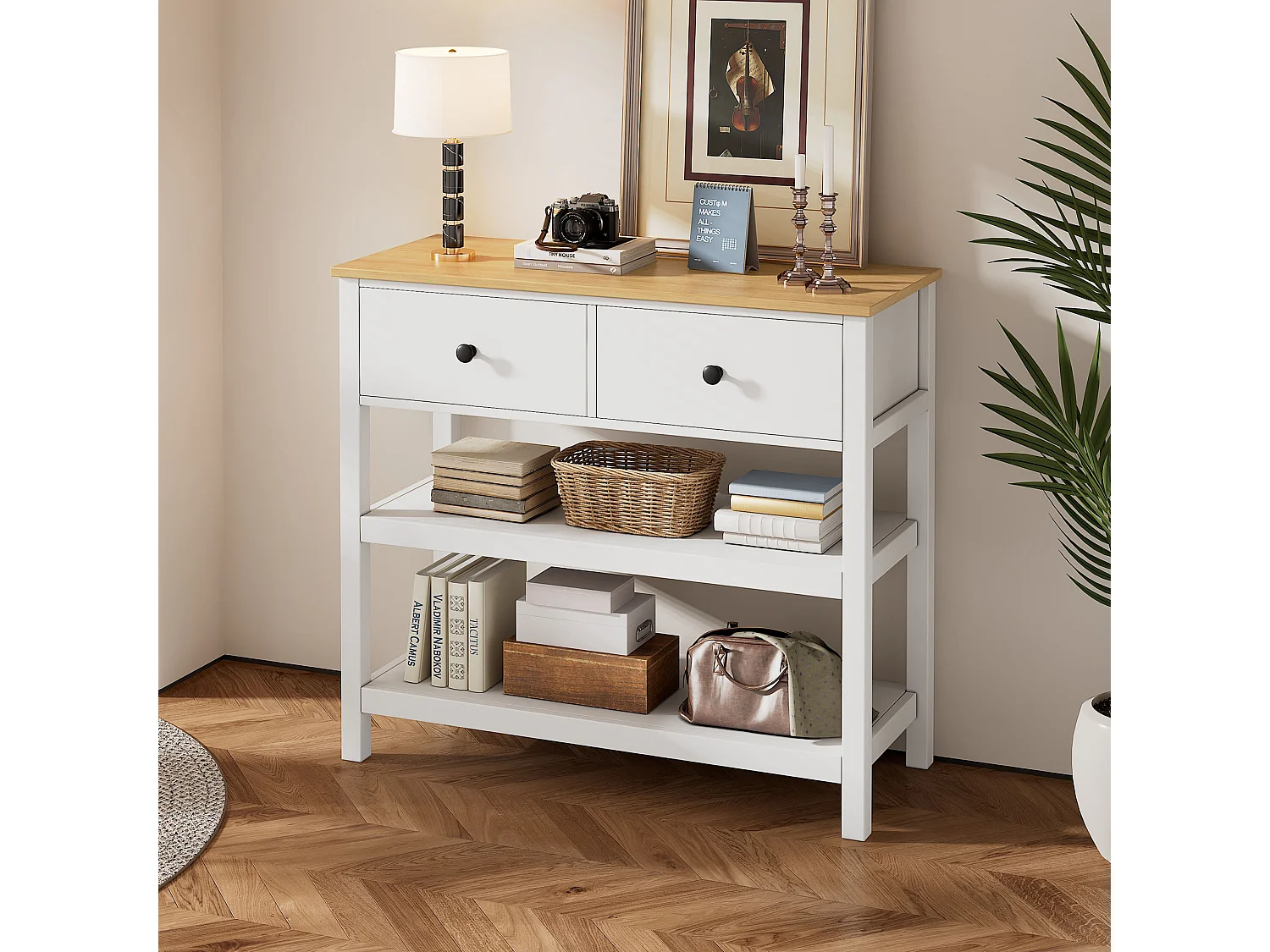 Konsola retro z 2 szufladami i 2 półkami - 85 x 35 x 77 cm - drewno MDF - biały + naturalny