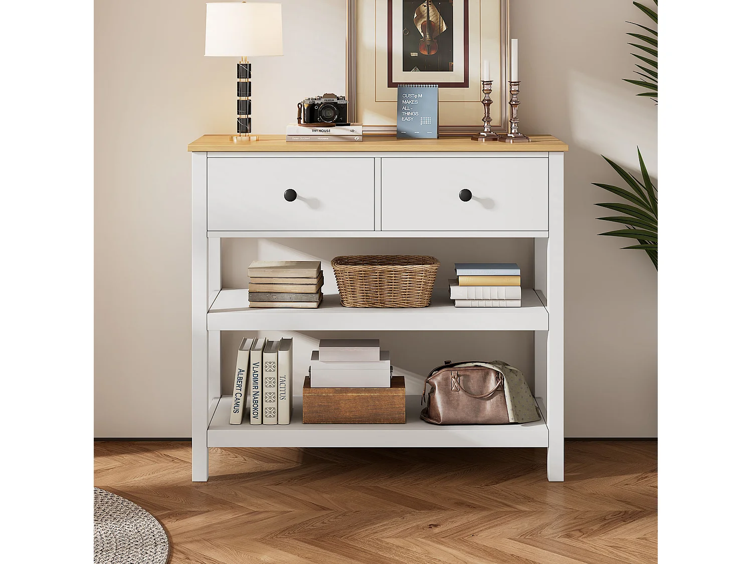 Konsola retro z 2 szufladami i 2 półkami - 85 x 35 x 77 cm - drewno MDF - biały + naturalny