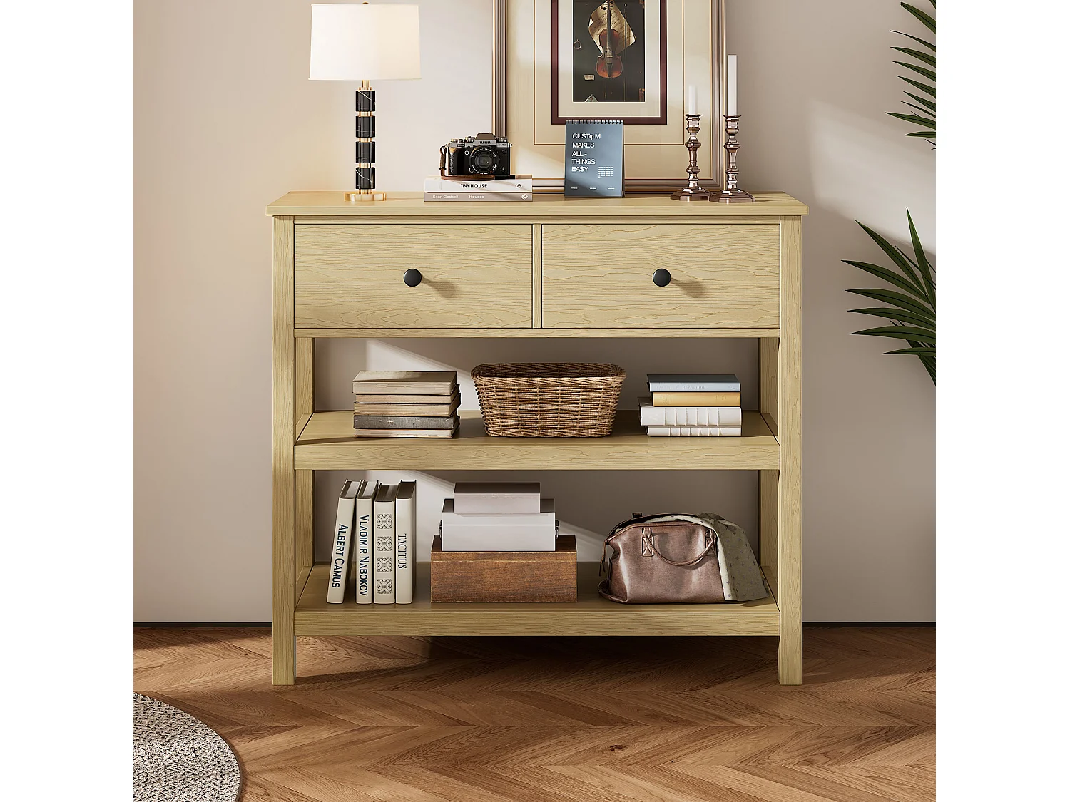 Table console rétro avec 2 tiroirs et 2 étagères - 85 x 35 x 77 cm - Bois MDF - Naturel