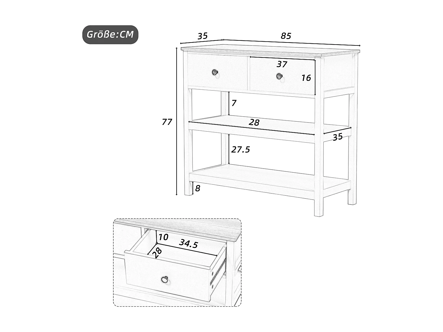 Table console rétro avec 2 tiroirs et 2 étagères - 85 x 35 x 77 cm - Bois MDF - Naturel