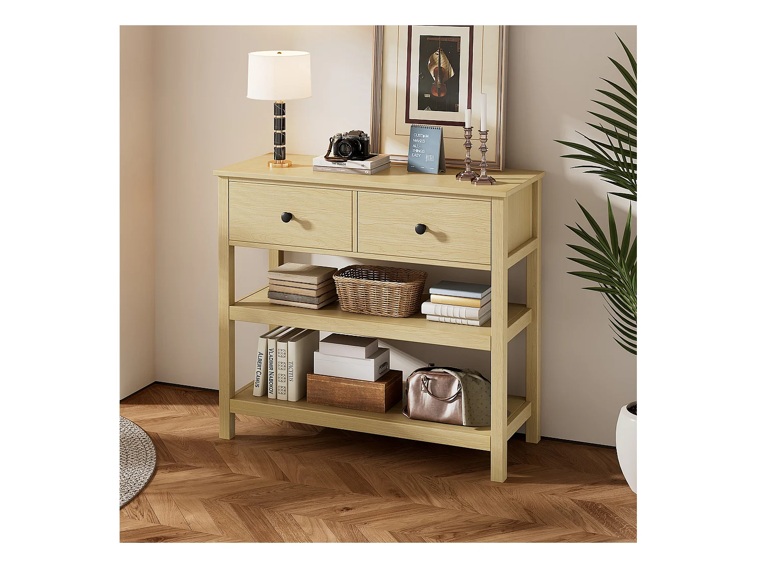 Table console rétro avec 2 tiroirs et 2 étagères - 85 x 35 x 77 cm - Bois MDF - Naturel