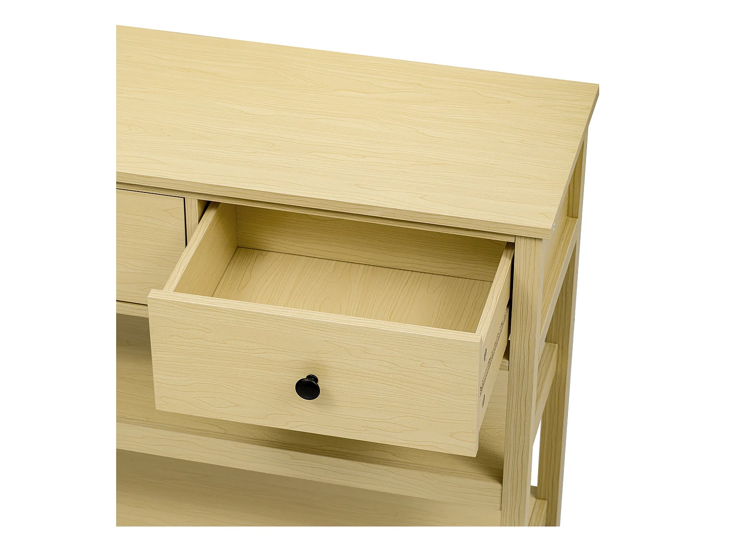 Table console rétro avec 2 tiroirs et 2 étagères - 85 x 35 x 77 cm - Bois MDF - Naturel