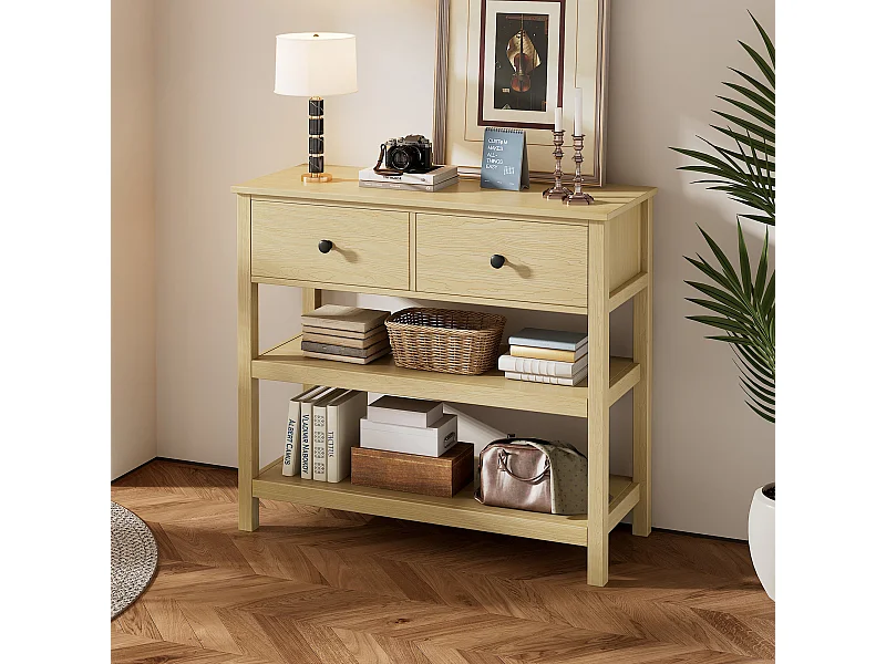 Table console rétro avec 2 tiroirs et 2 étagères - 85 x 35 x 77 cm - Bois MDF - Naturel