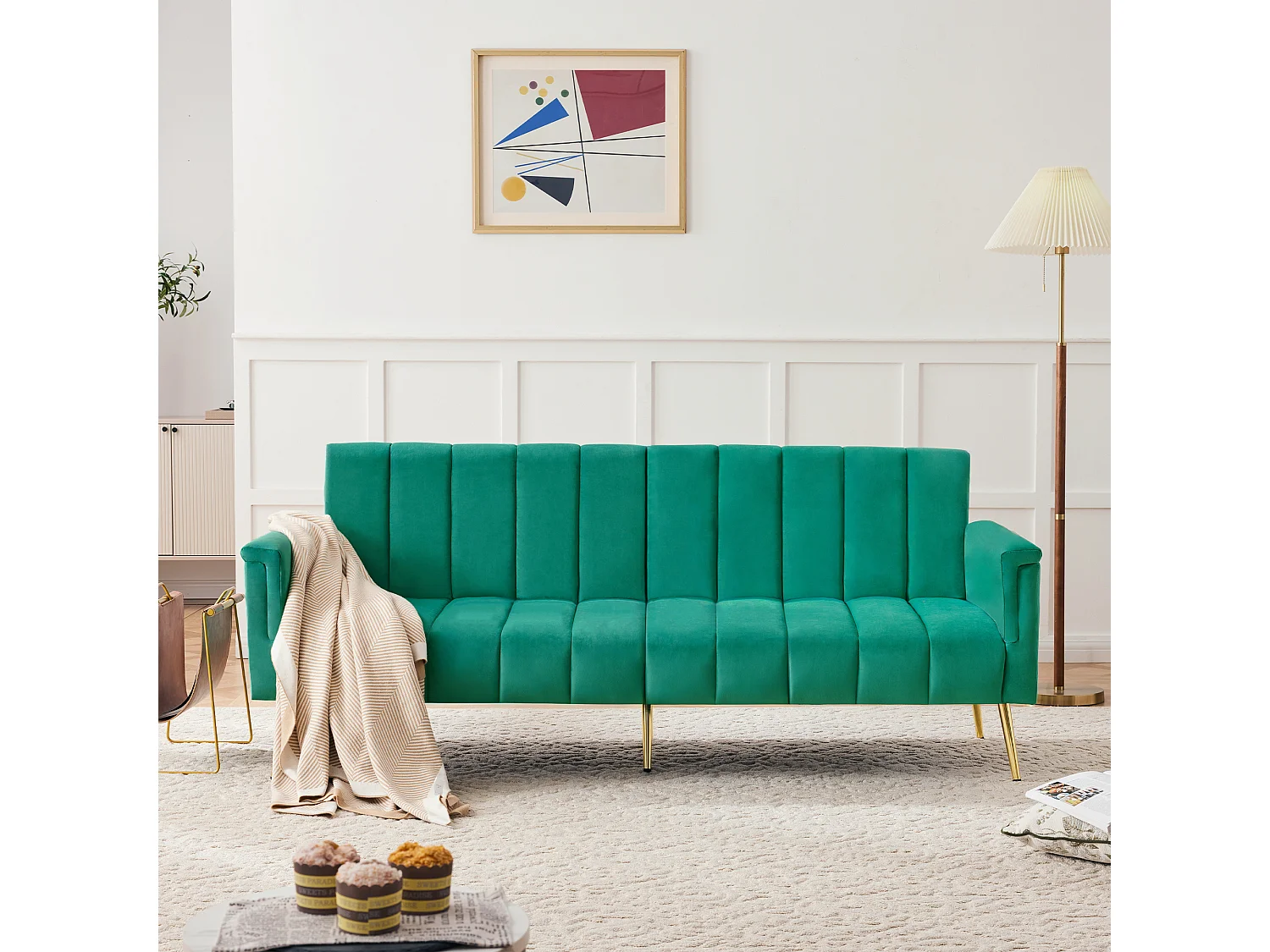 Canapé convertible 2 places clic-clac en velours - 183 x 76 x 75 cm - Pieds en métal doré - Vert