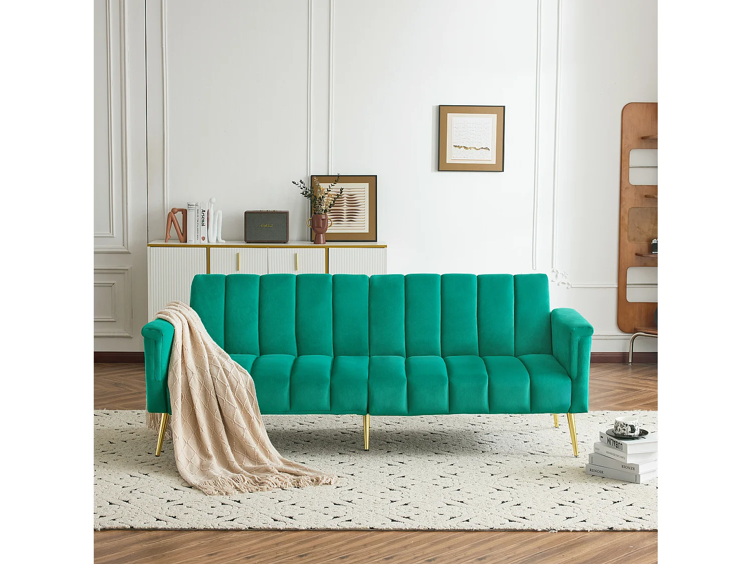 Canapé convertible 2 places clic-clac en velours - 183 x 76 x 75 cm - Pieds en métal doré - Vert