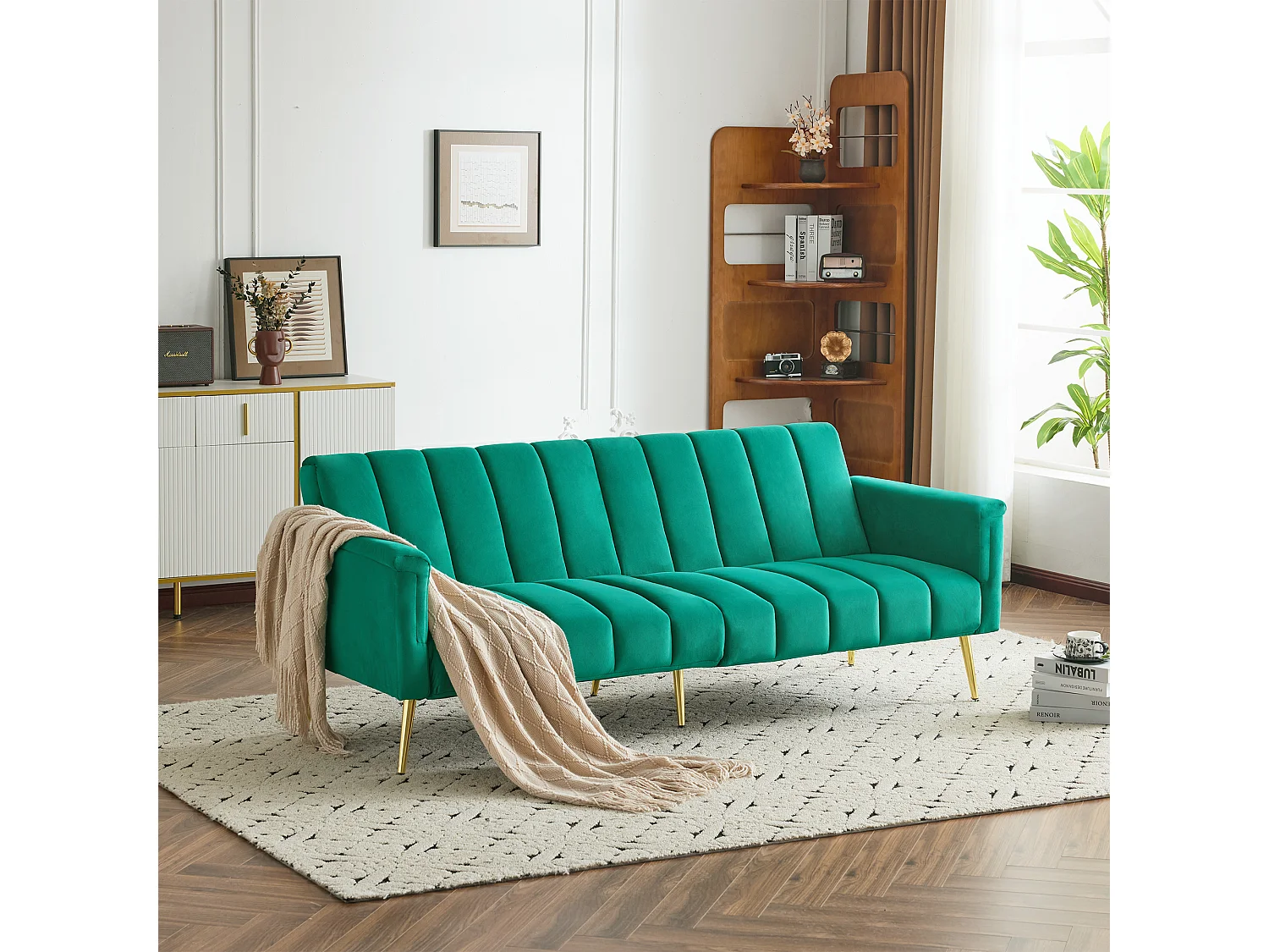 Canapé convertible 2 places clic-clac en velours - 183 x 76 x 75 cm - Pieds en métal doré - Vert