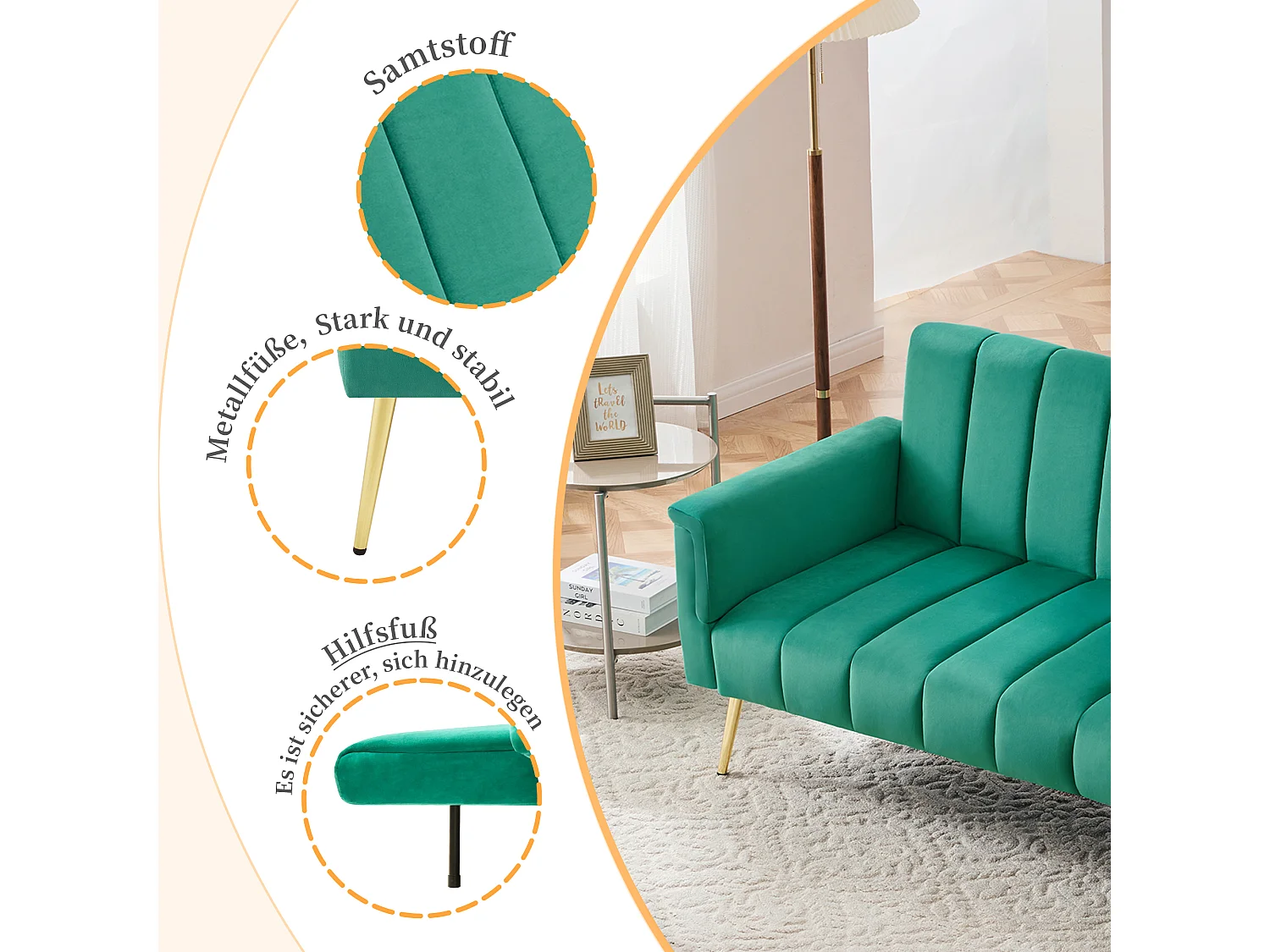 Canapé convertible 2 places clic-clac en velours - 183 x 76 x 75 cm - Pieds en métal doré - Vert