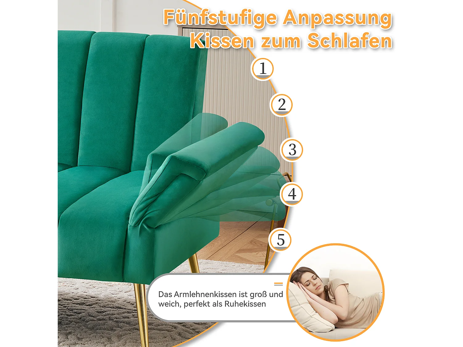 Canapé convertible 2 places clic-clac en velours - 183 x 76 x 75 cm - Pieds en métal doré - Vert