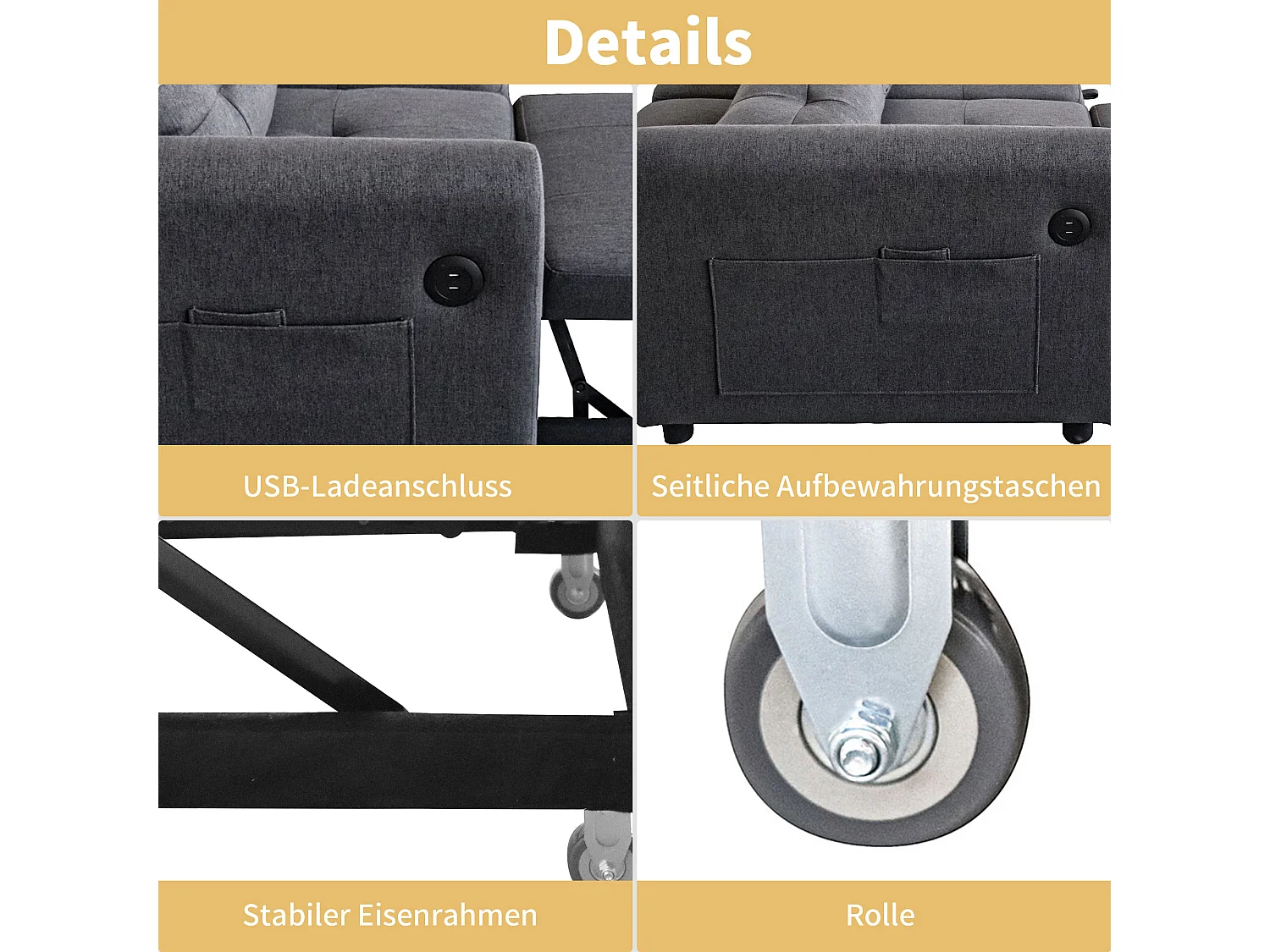 Sofa 2-osobowa rozkładana w tkaninie lnianej z regulowanym oparciem i portem USB, rozkładana sofa - 142 x 85 x 83 cm - Funkcja spania - Szara