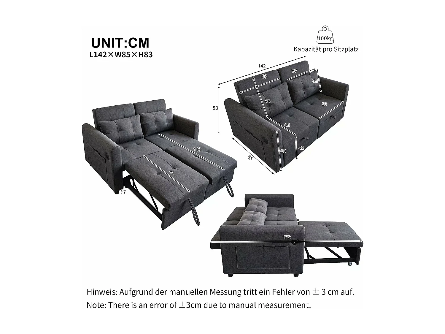 Divano letto 2 posti in tessuto di lino con schienale regolabile e porta USB, divano letto - 142 x 85 x 83 cm - Funzione Sleep - Grigio