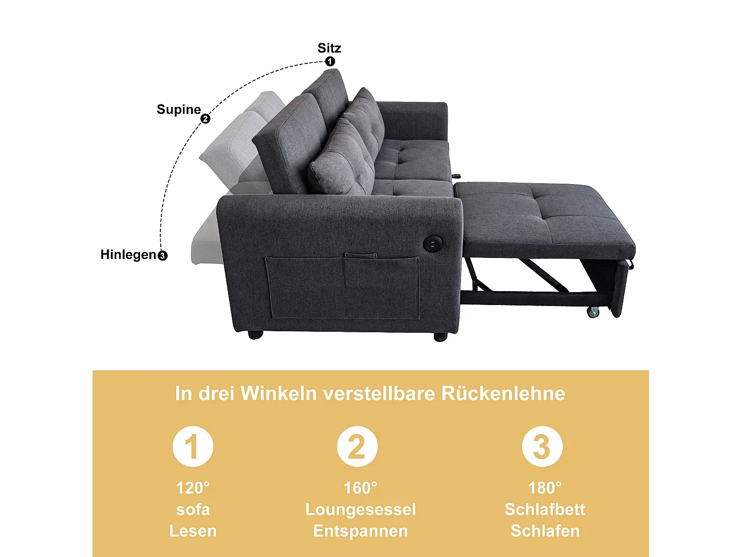 Divano letto 2 posti in tessuto di lino con schienale regolabile e porta USB, divano letto - 142 x 85 x 83 cm - Funzione Sleep - Grigio