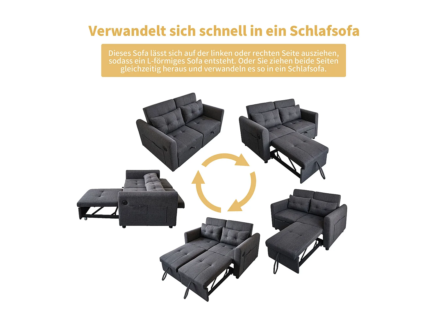 Divano letto 2 posti in tessuto di lino con schienale regolabile e porta USB, divano letto - 142 x 85 x 83 cm - Funzione Sleep - Grigio