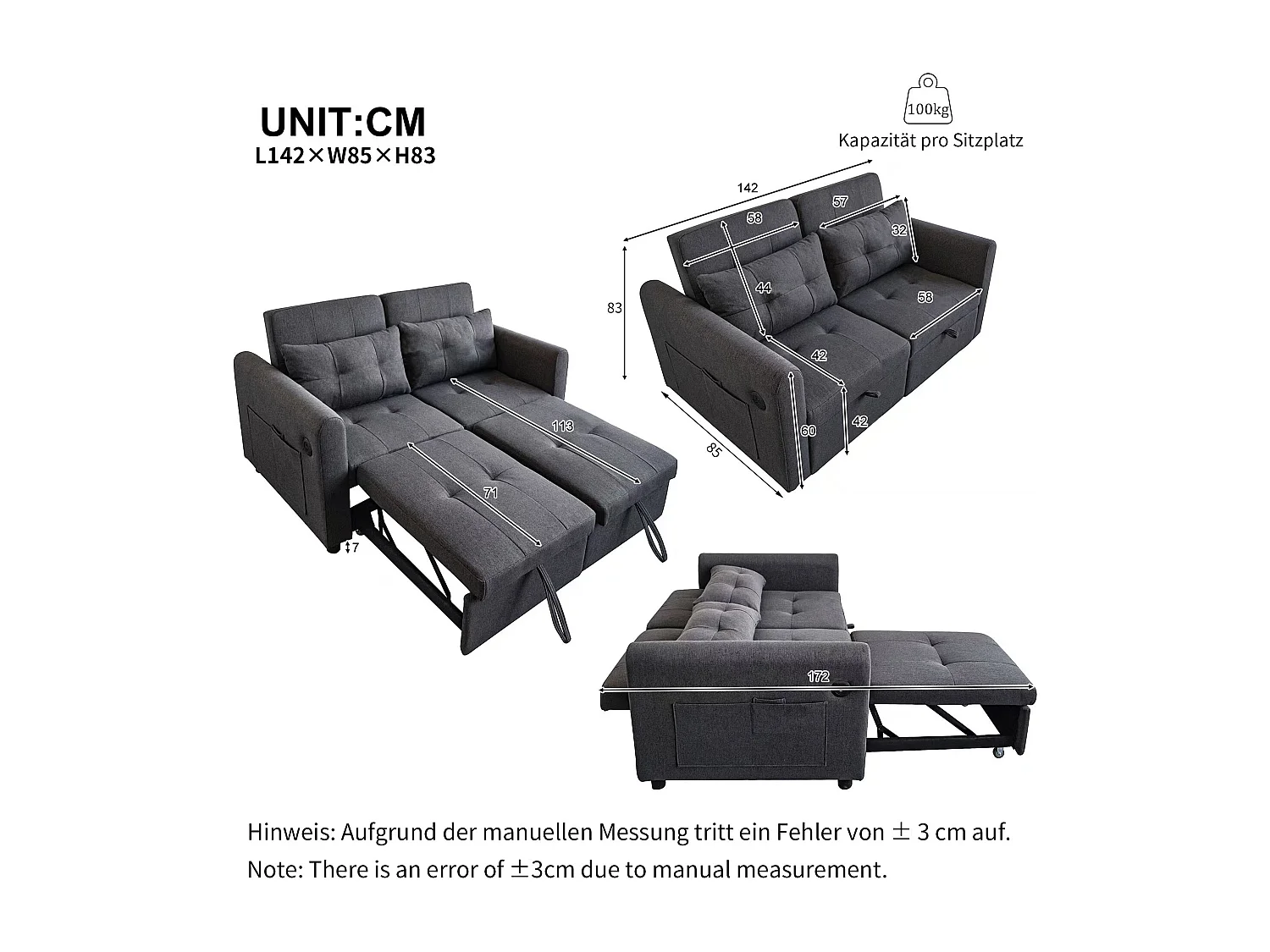 Divano letto 2 posti in tessuto di lino con schienale regolabile e porta USB, divano letto - 142 x 85 x 83 cm - Funzione Sleep - Grigio