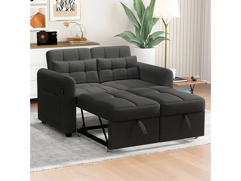 Divano letto 2 posti in tessuto di lino con schienale regolabile e porta USB, divano letto - 142 x 85 x 83 cm - Funzione Sleep - Grigio
