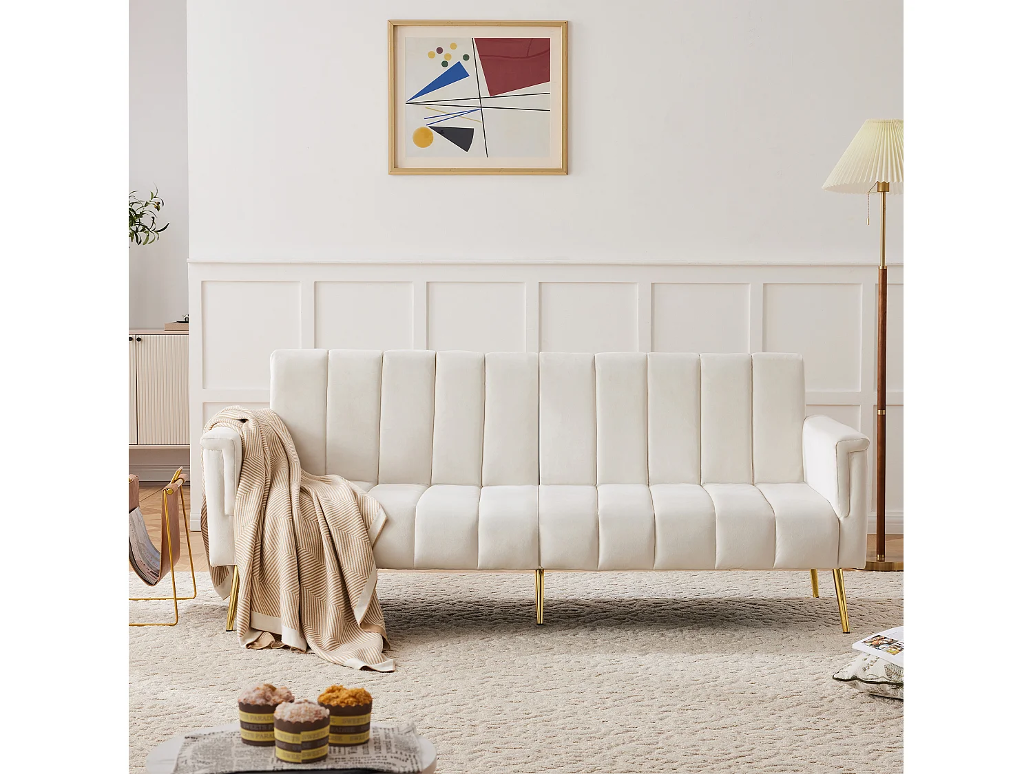 Canapé 2 places convertible clic-clac en velours - 183 x 76 x 75 cm - Pieds en métal doré - Beige