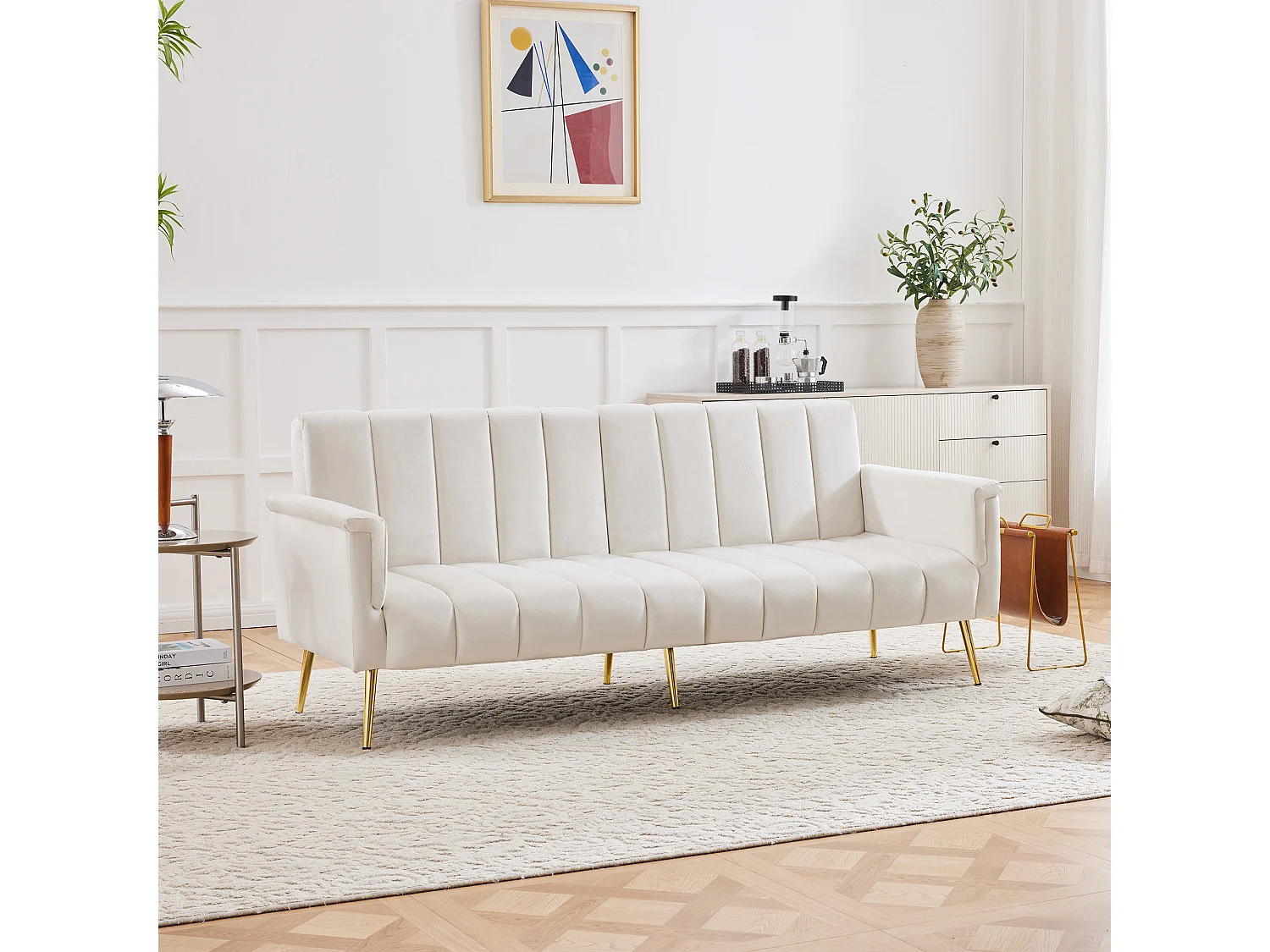 Sofá-cama de 2 lugares em veludo - 183 x 76 x 75 cm - Pés de metal dourado - Bege