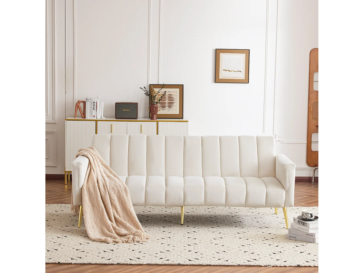 Sofá-cama de 2 lugares em veludo - 183 x 76 x 75 cm - Pés de metal dourado - Bege