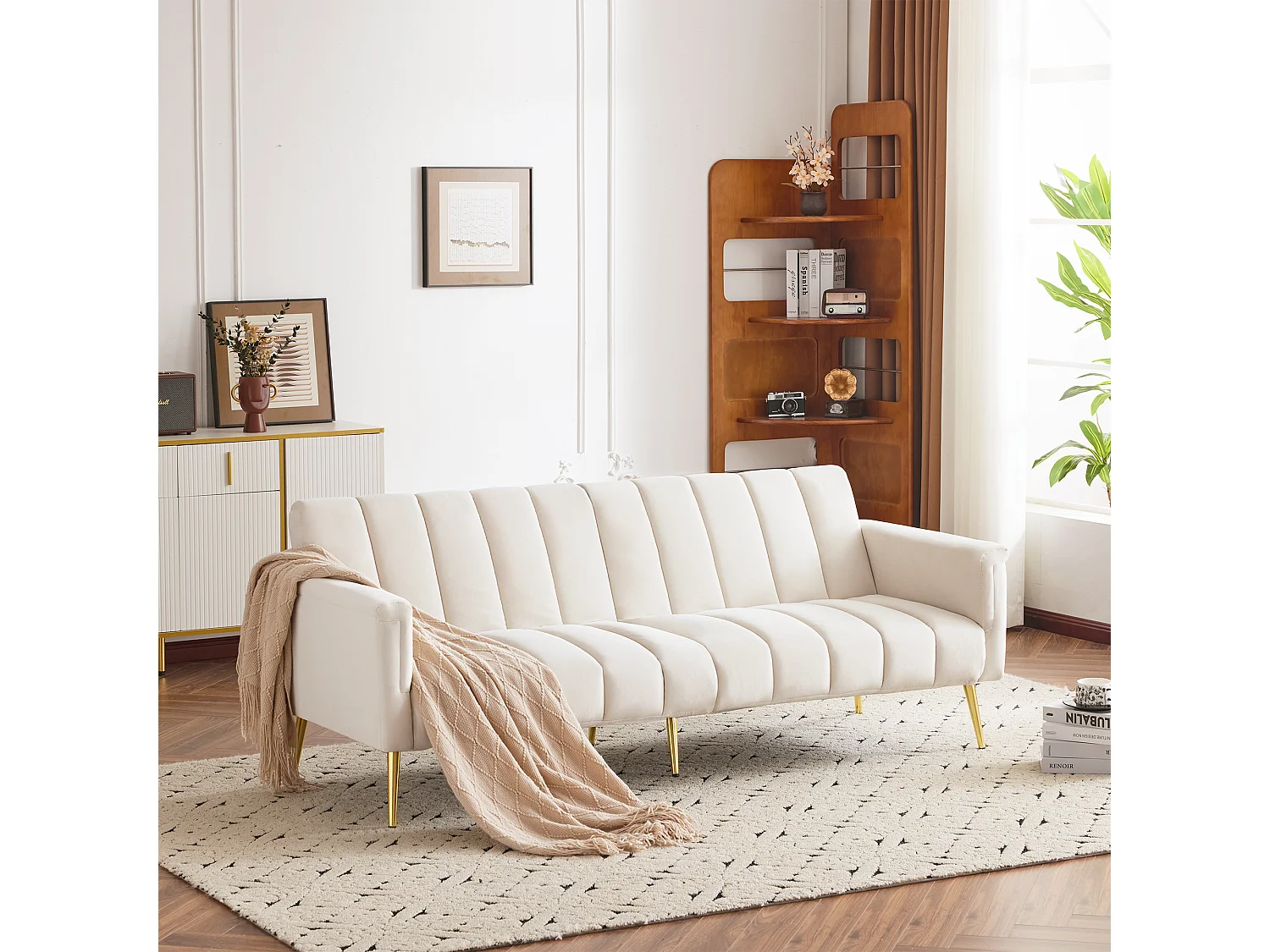 Sofá-cama de 2 lugares em veludo - 183 x 76 x 75 cm - Pés de metal dourado - Bege