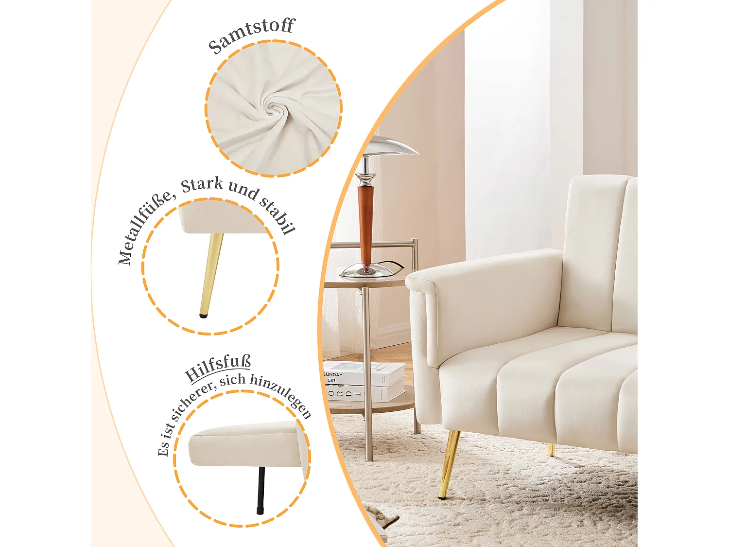Sofá-cama de 2 lugares em veludo - 183 x 76 x 75 cm - Pés de metal dourado - Bege
