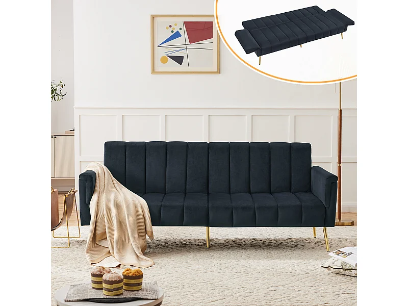 Sofá-cama de 2 lugares em veludo - 183 x 76 x 75 cm - Pés de metal dourado - Preto