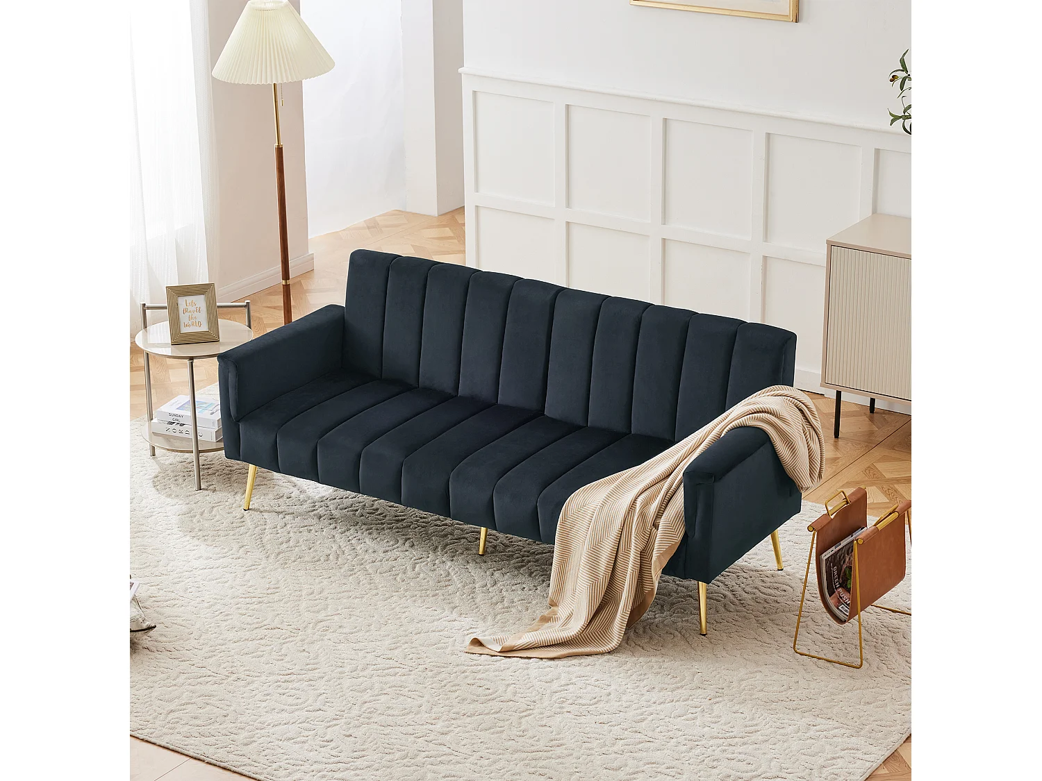 2-Sitzer-Schlafsofa aus Samt – 183 x 76 x 75 cm – Goldfarbene Metallbeine – Schwarz