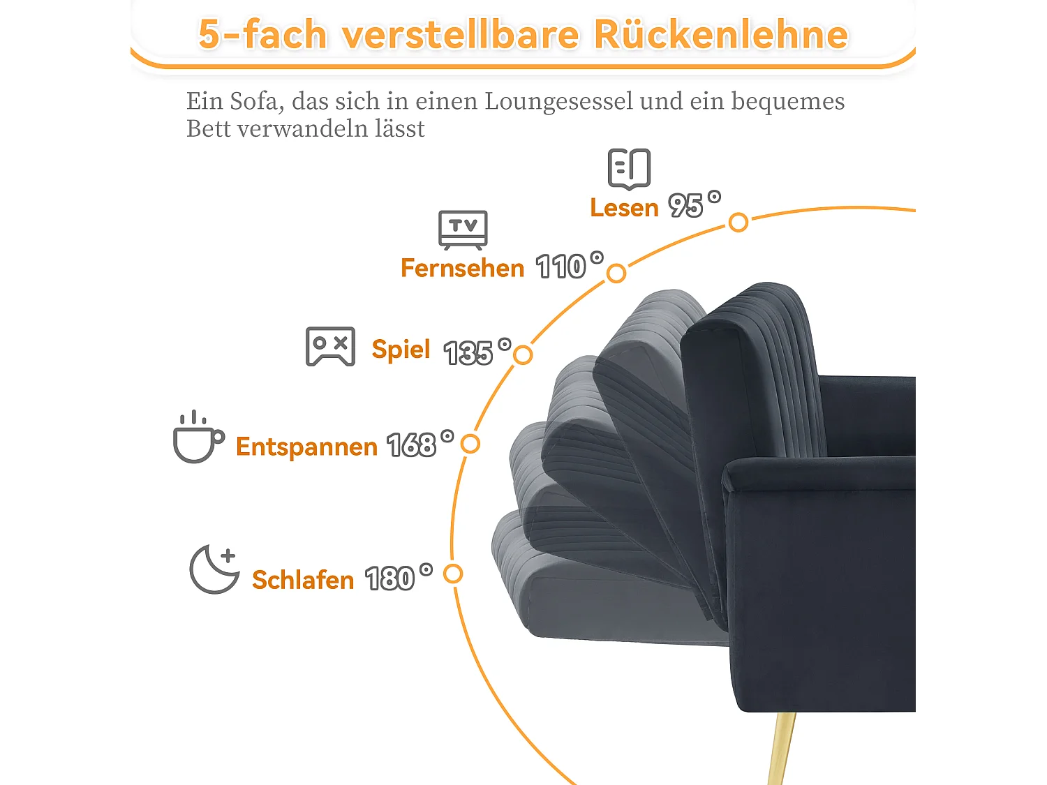 2-Sitzer-Schlafsofa aus Samt – 183 x 76 x 75 cm – Goldfarbene Metallbeine – Schwarz