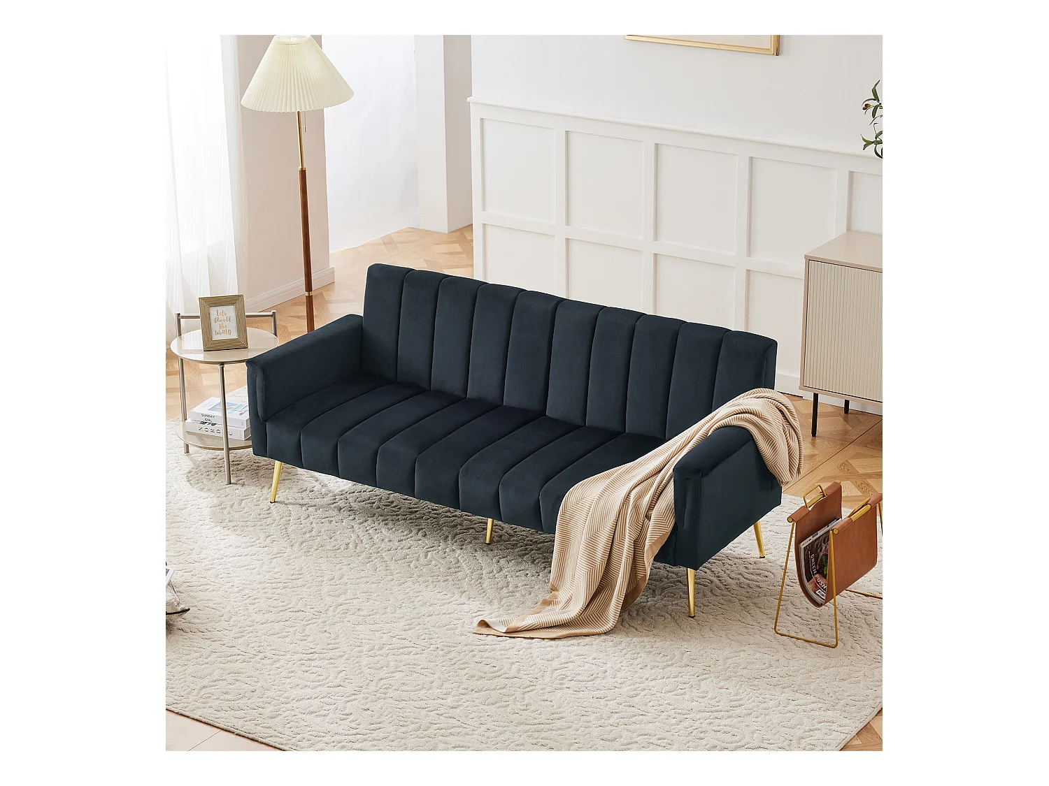 Canapé convertible 2 places clic-clac en velours - 183 x 76 x 75 cm - Pieds en métal doré - Noir