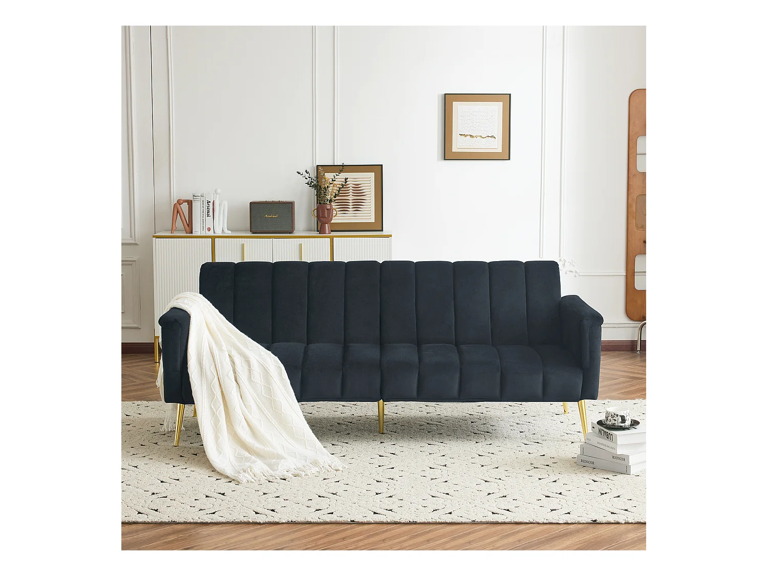 Canapé convertible 2 places clic-clac en velours - 183 x 76 x 75 cm - Pieds en métal doré - Noir