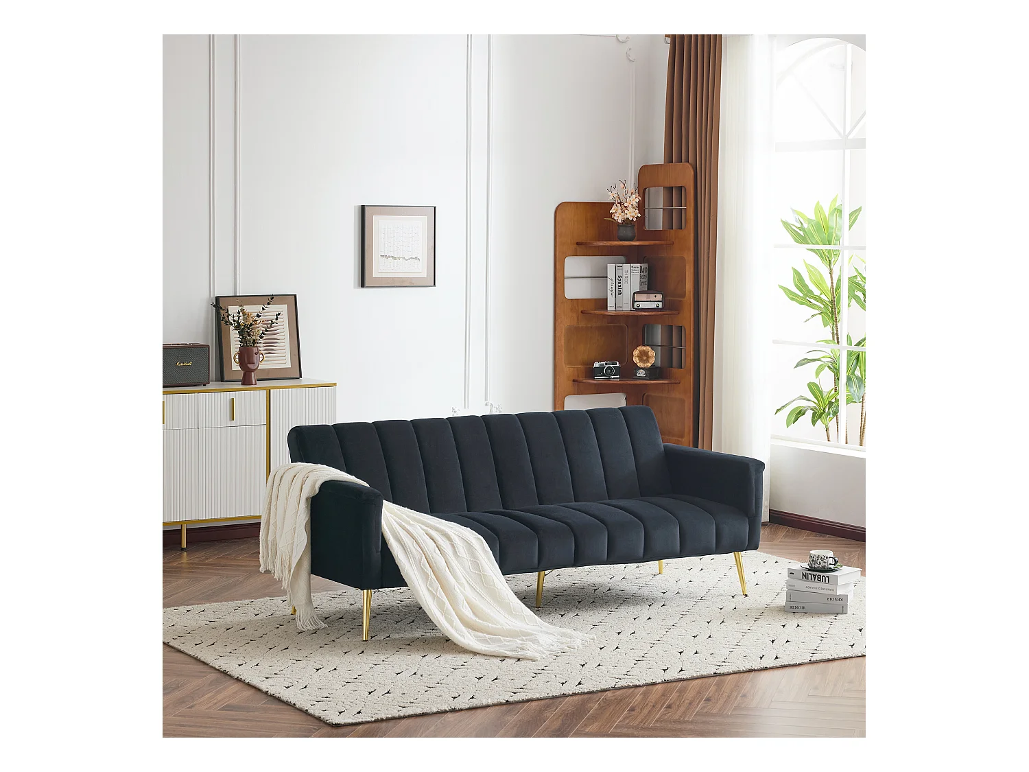 Canapé convertible 2 places clic-clac en velours - 183 x 76 x 75 cm - Pieds en métal doré - Noir