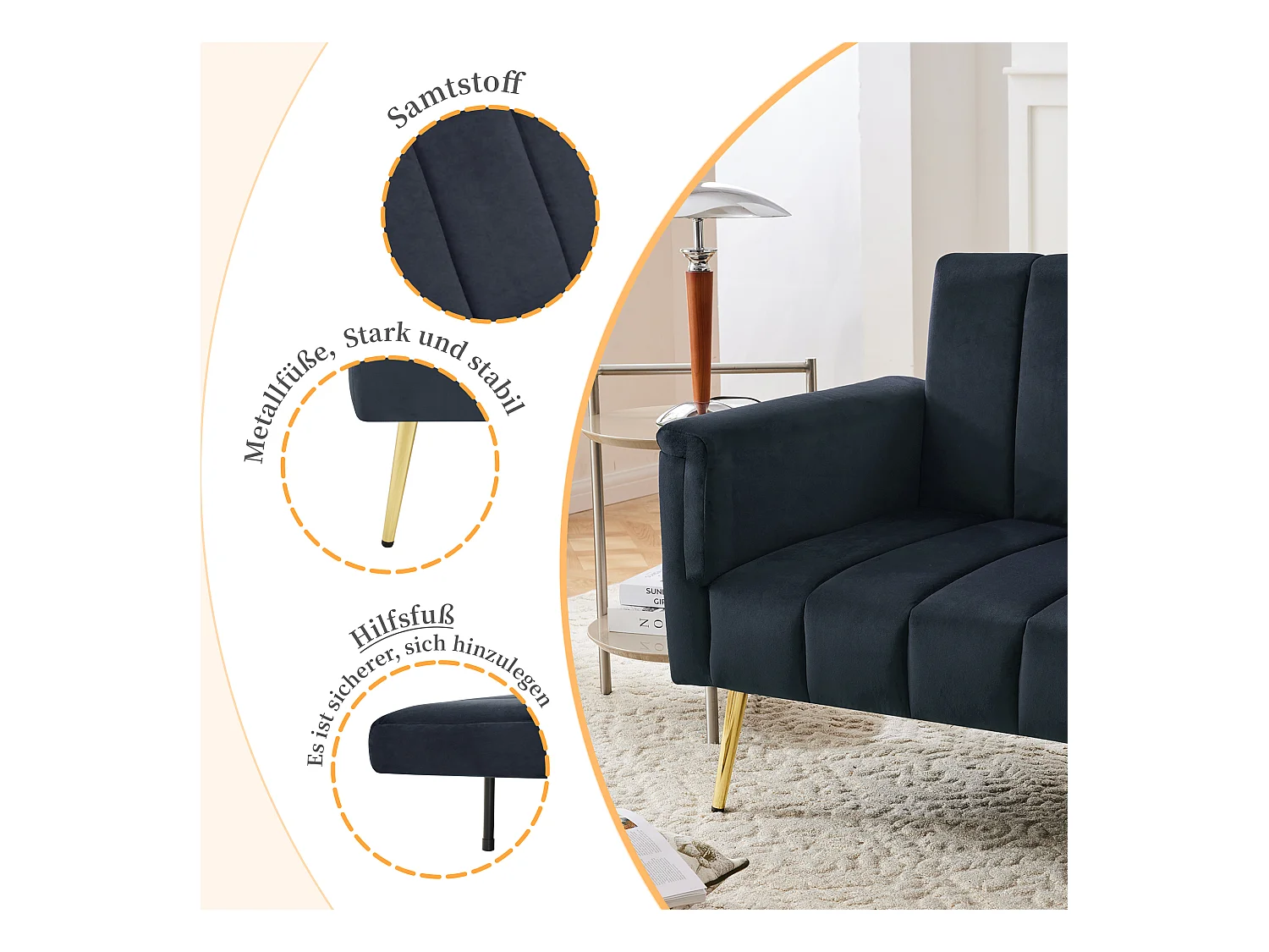 Canapé convertible 2 places clic-clac en velours - 183 x 76 x 75 cm - Pieds en métal doré - Noir