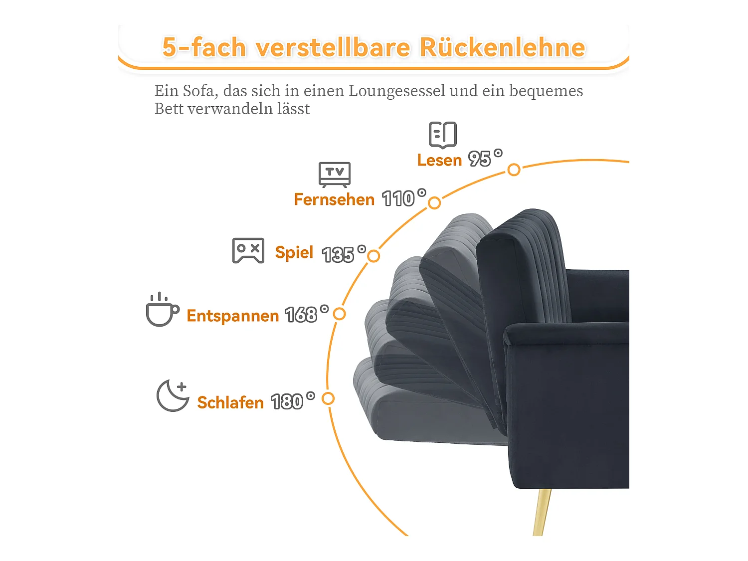 Canapé convertible 2 places clic-clac en velours - 183 x 76 x 75 cm - Pieds en métal doré - Noir