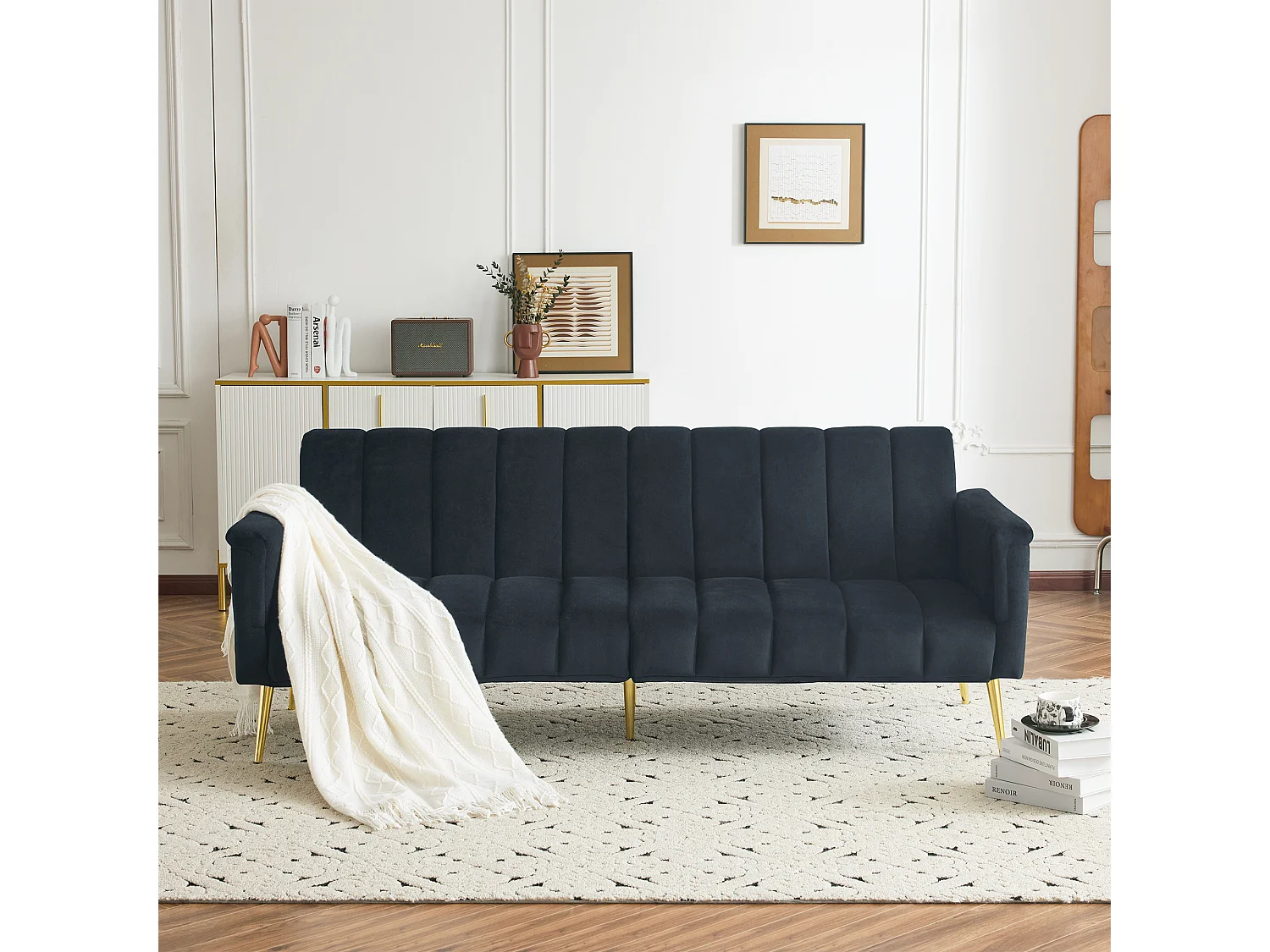 Canapé convertible 2 places clic-clac en velours - 183 x 76 x 75 cm - Pieds en métal doré - Noir
