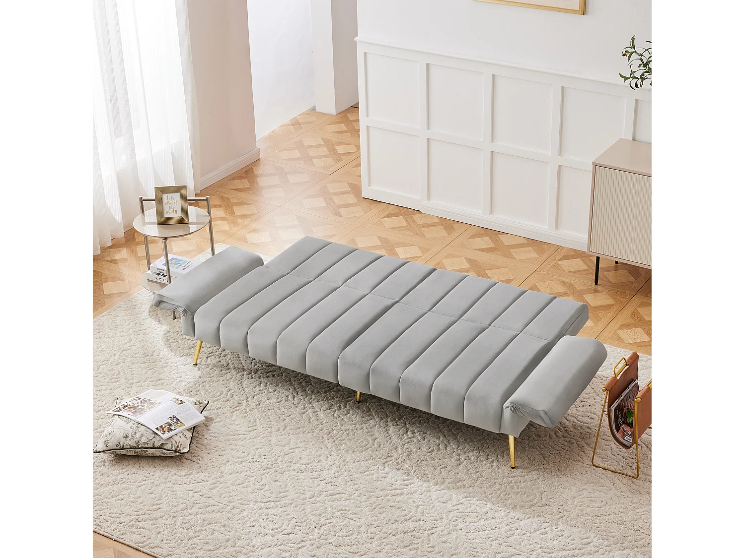 2-zits slaapbank in fluweel - 183 x 76 x 75 cm - Gouden metalen poten - Grijs