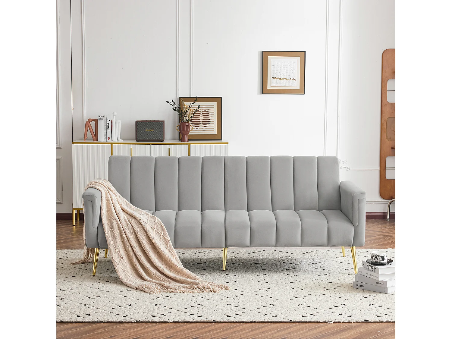 2-zits slaapbank in fluweel - 183 x 76 x 75 cm - Gouden metalen poten - Grijs