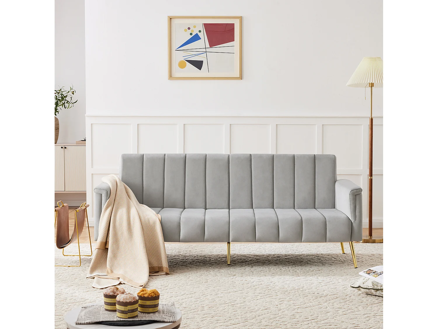 2-zits slaapbank in fluweel - 183 x 76 x 75 cm - Gouden metalen poten - Grijs
