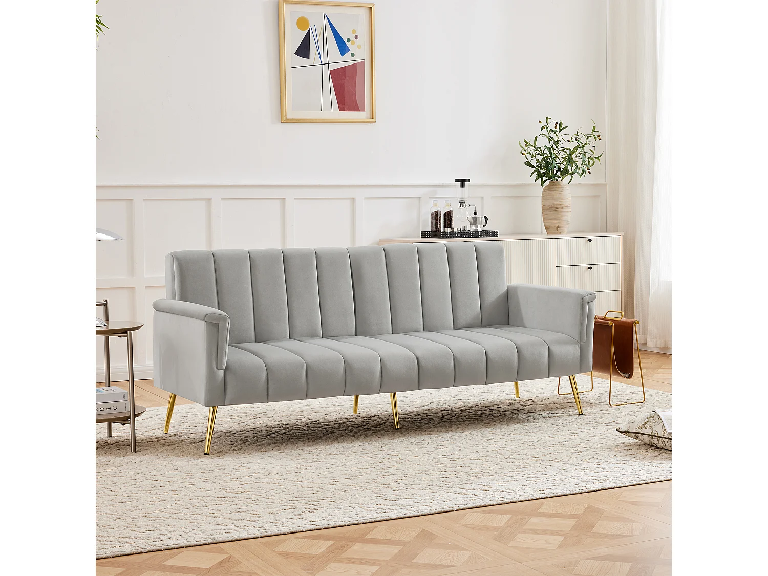 2-zits slaapbank in fluweel - 183 x 76 x 75 cm - Gouden metalen poten - Grijs